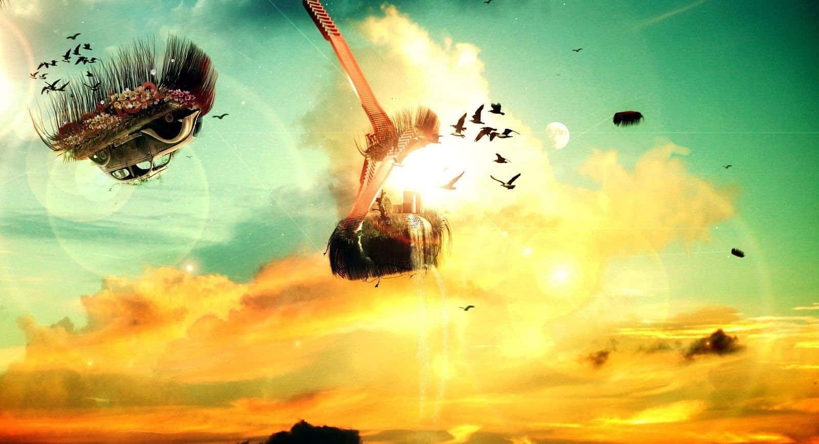 surreal art, guitar-shaped creatures, vibrant sunset sky, HD Desktop Wallpaper