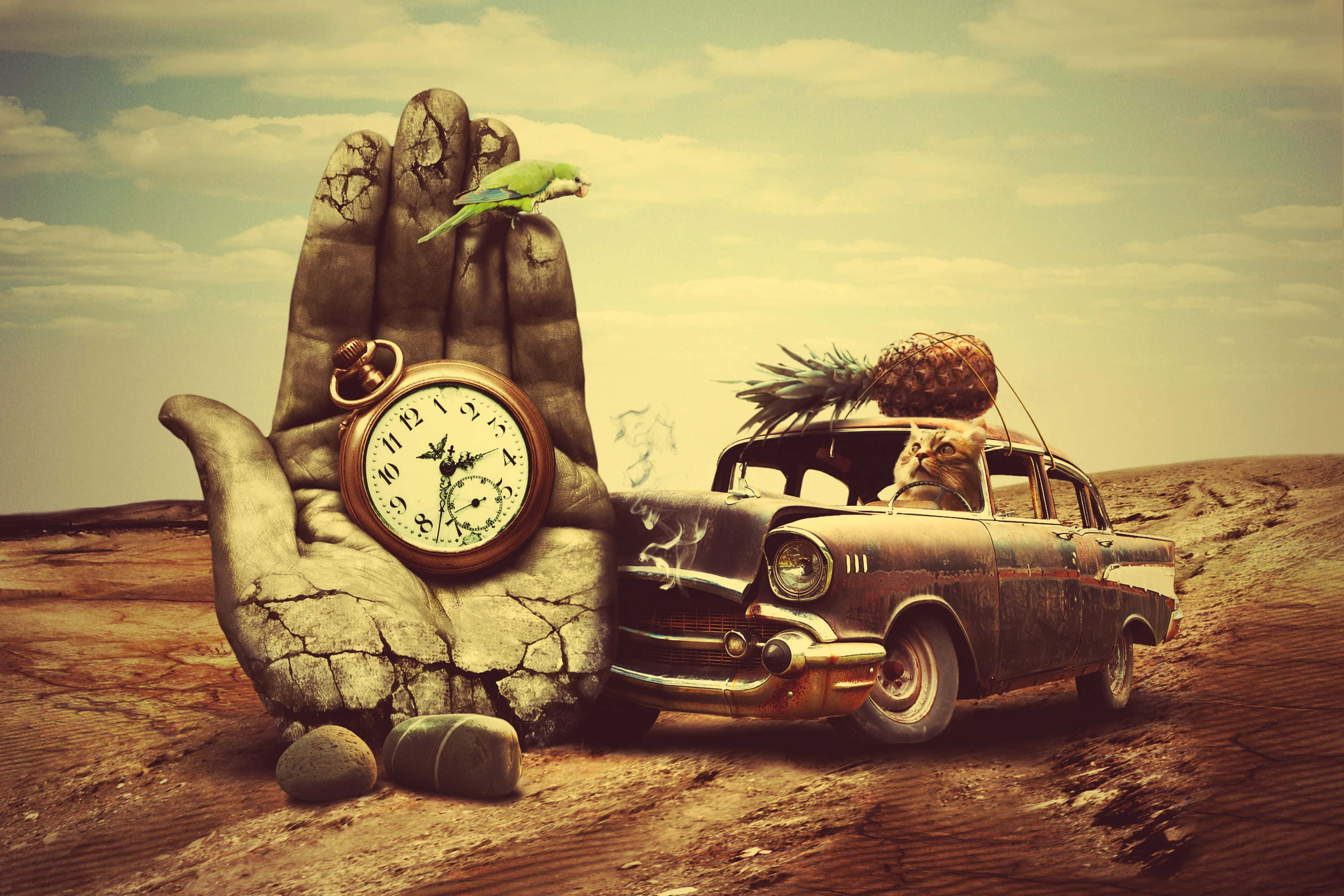 Surreal Art, vintage car, antique pocket watch, 2K Desktop Wallpaper