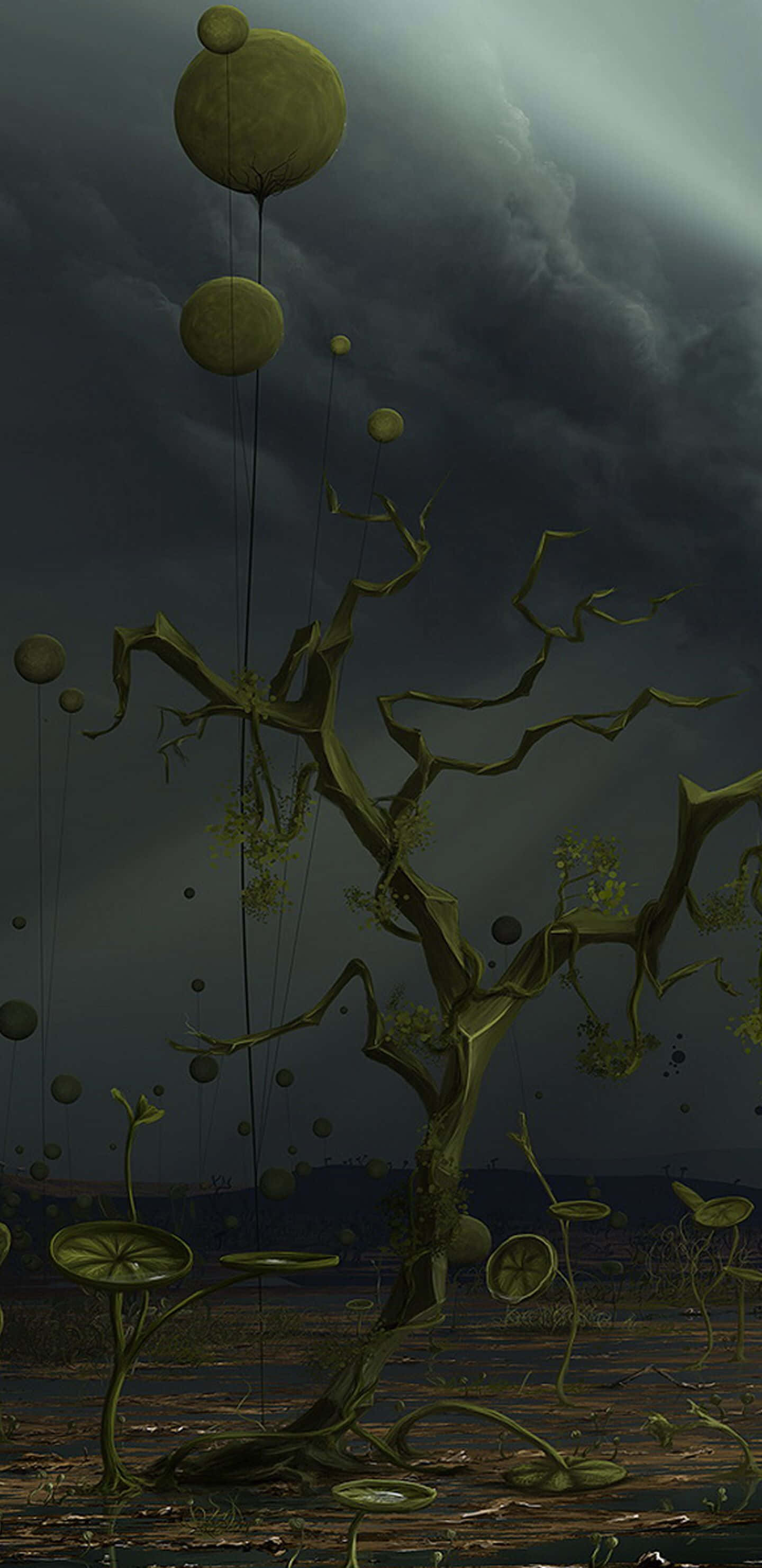 Surreal Hopeless Tree, lo fi art, floating green orbs, 2K Phone Wallpaper