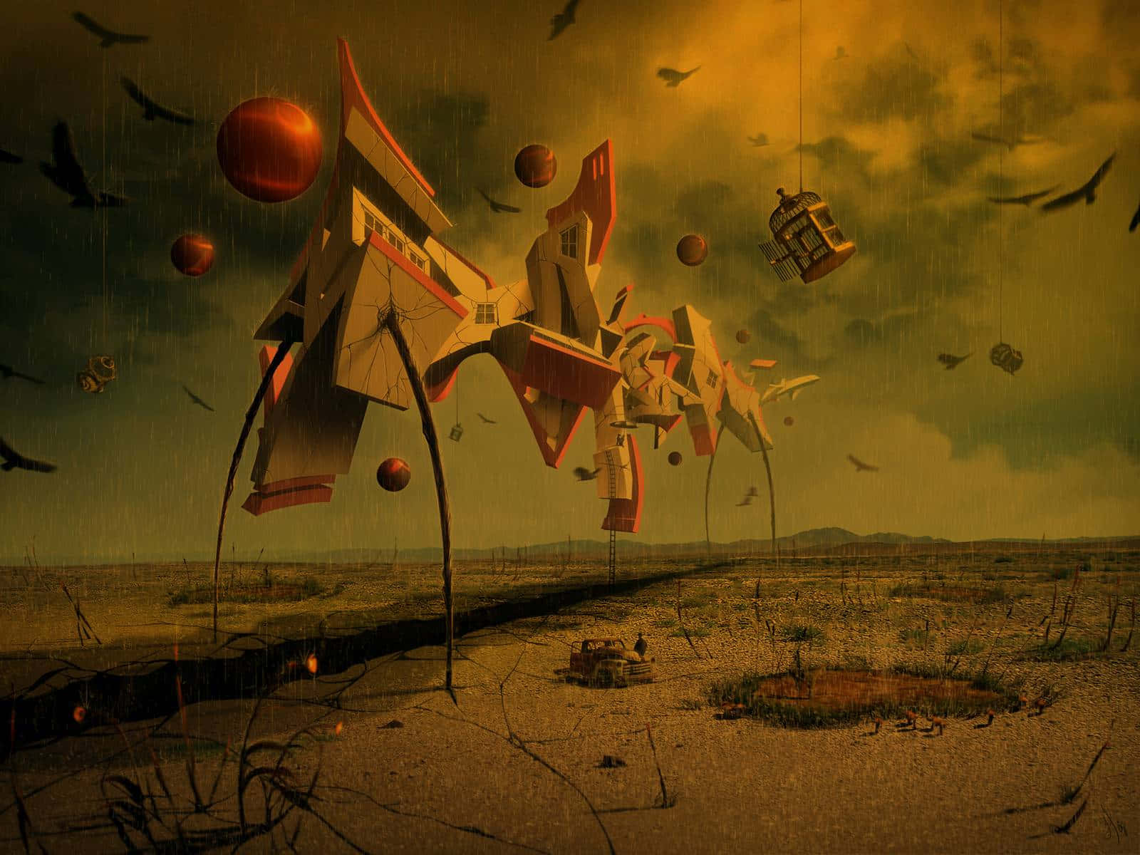 red and white building, cracked desert landscape, stormy yellow sky, HD Desktop Wallpaper