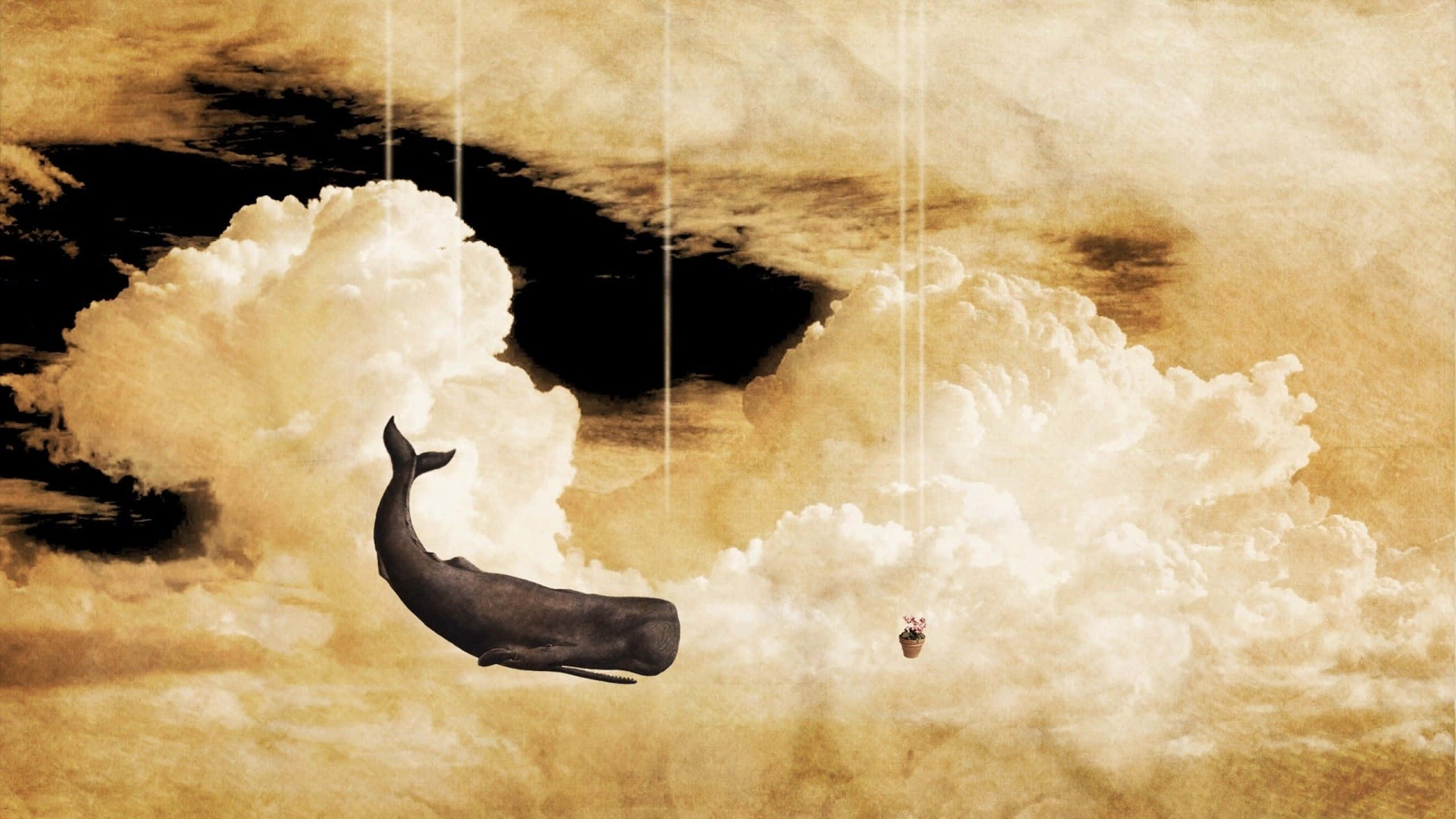 surreal whale, sepia-toned clouds, tiny figure with a basket, 2K Desktop Wallpaper