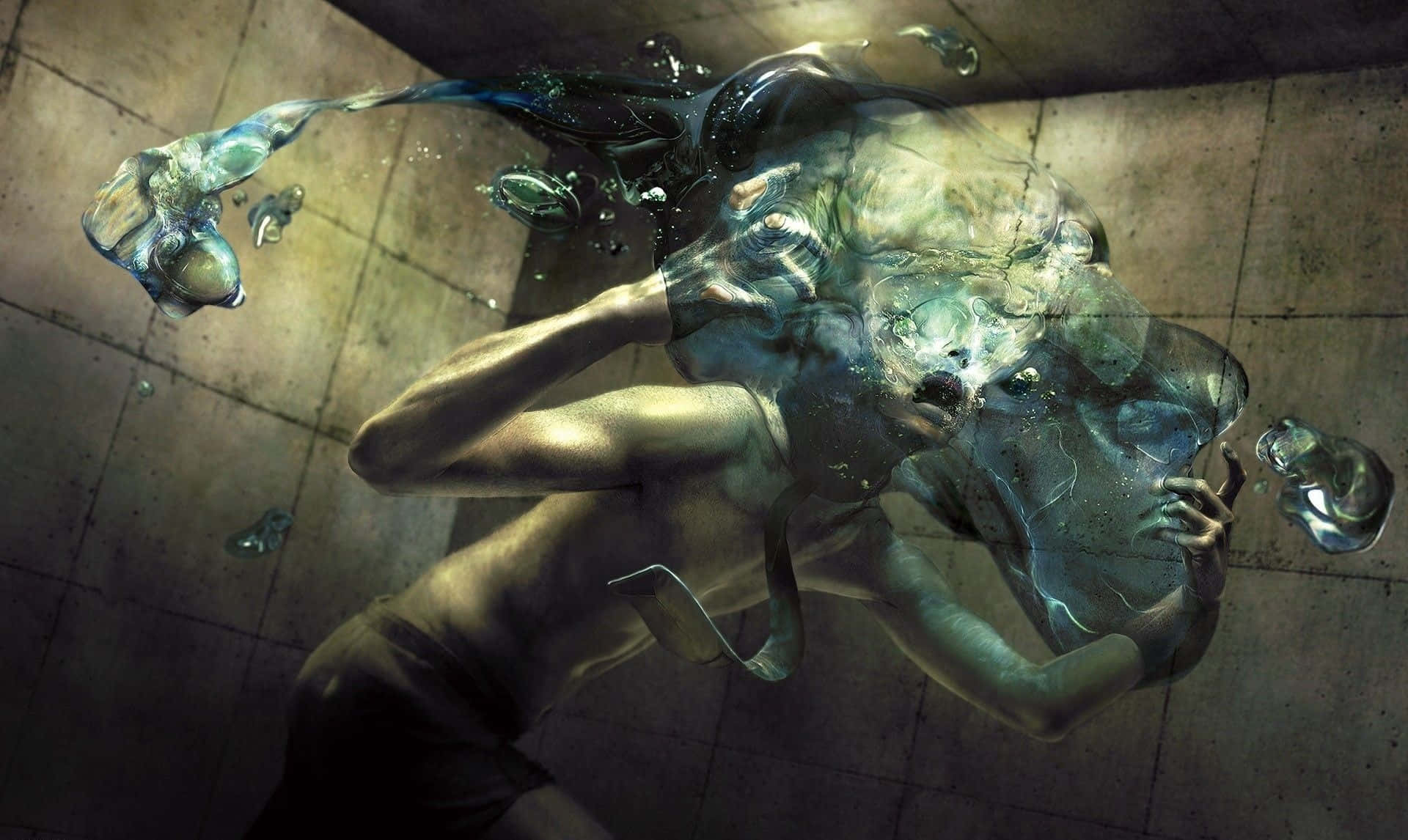 liquid glass, tiled floor, floating glass fragments, Full HD Desktop Wallpaper