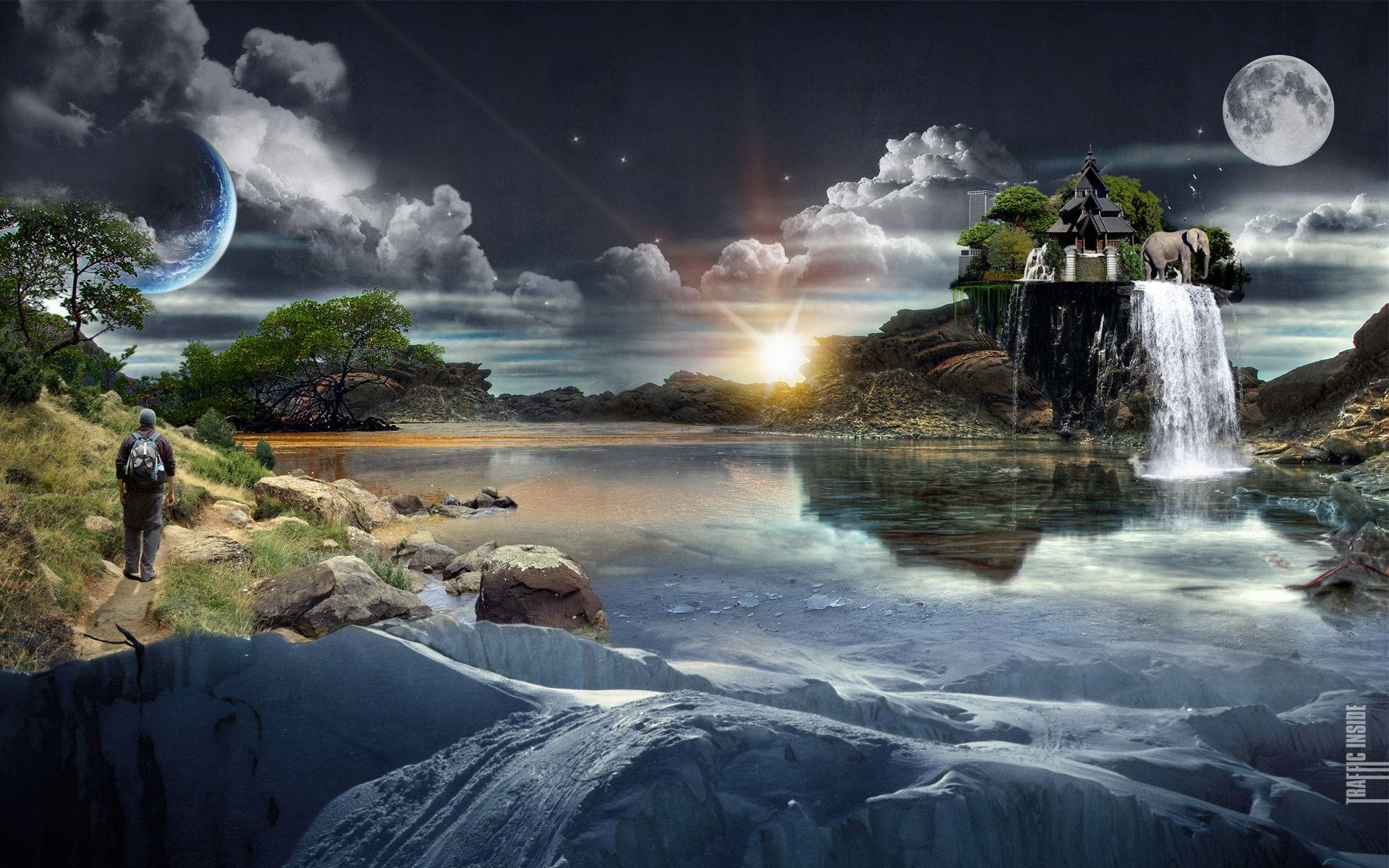 surreal twilight landscape, waterfall cascading from a floating island, blue planet, Full HD Desktop Wallpaper