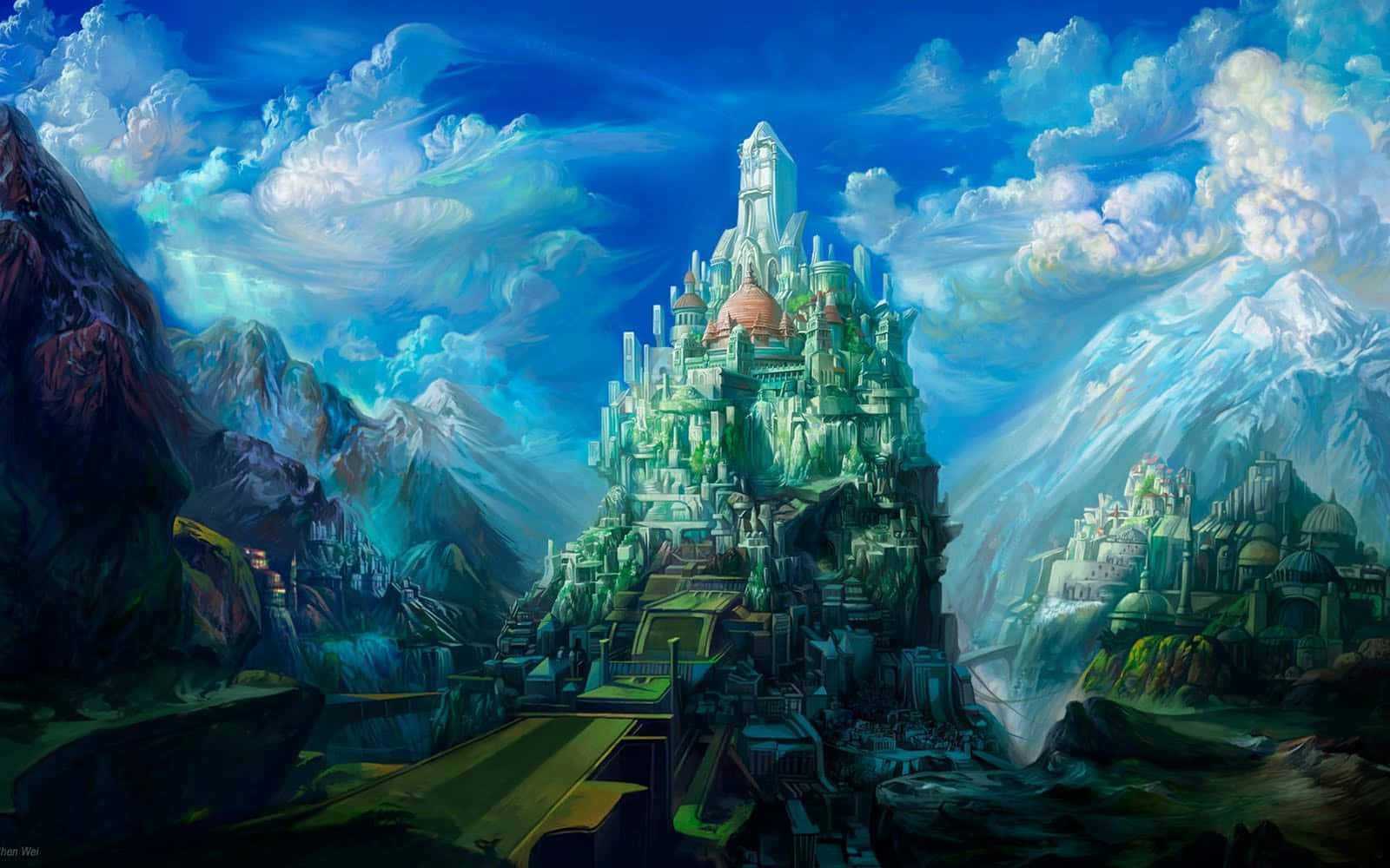 Surreal Forest Dream, fantasy city, mountain peak, HD Desktop Wallpaper