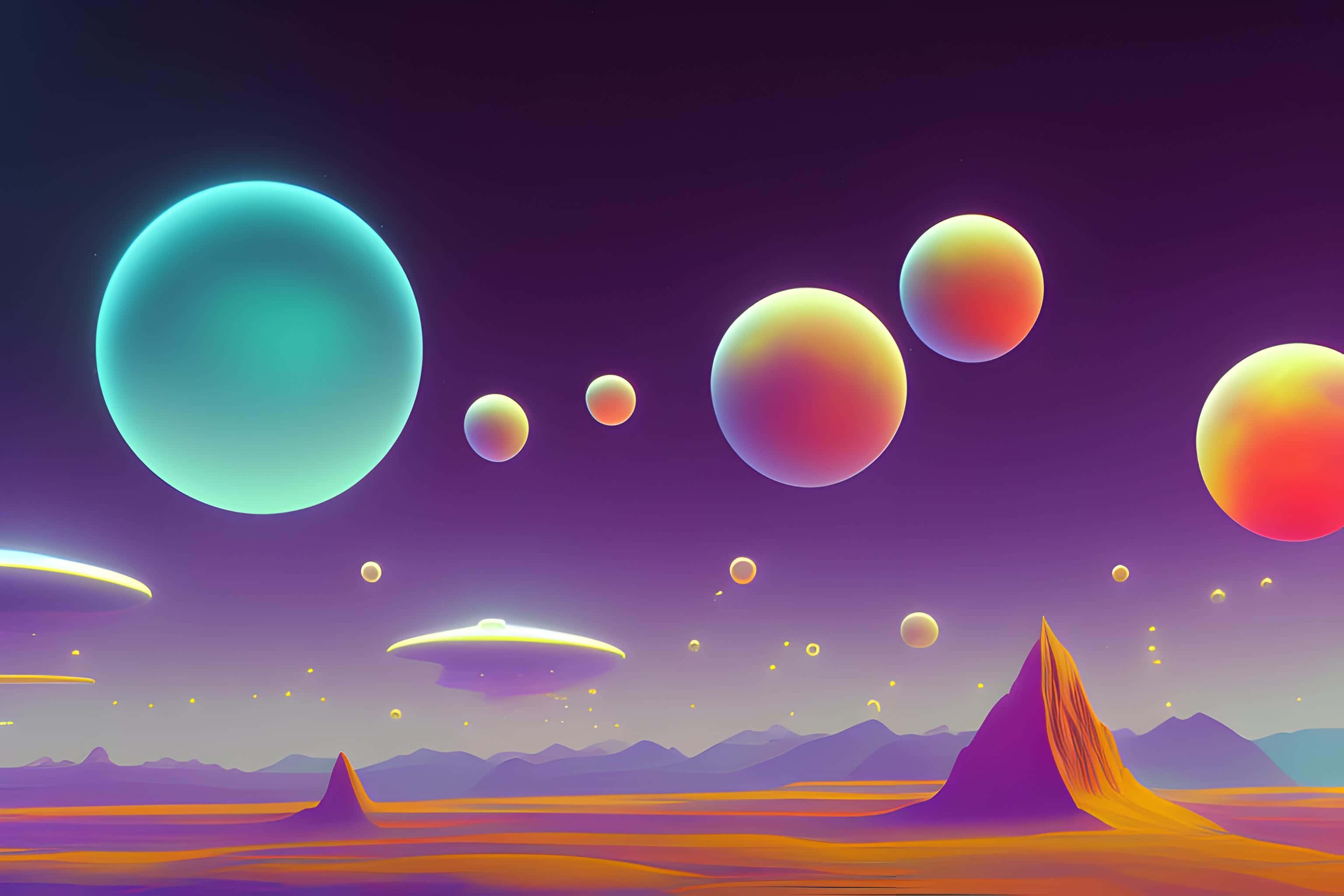 surreal alien desert landscape, glowing orbs, flying saucers, 2K Desktop Wallpaper