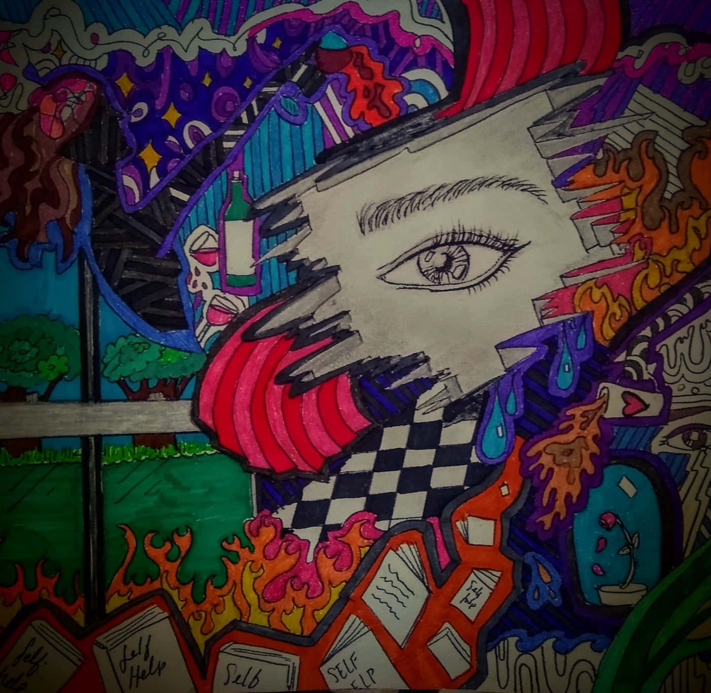 surreal hand-drawn illustration, fragmented face, one eye surrounded by flames, HD Desktop Wallpaper