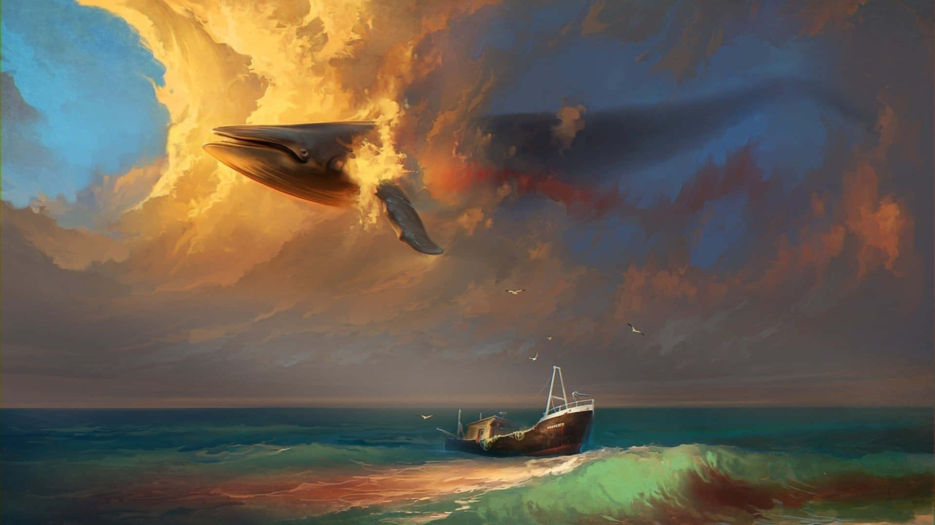surrealism, colossal whale, fiery clouds, Full HD Desktop Wallpaper
