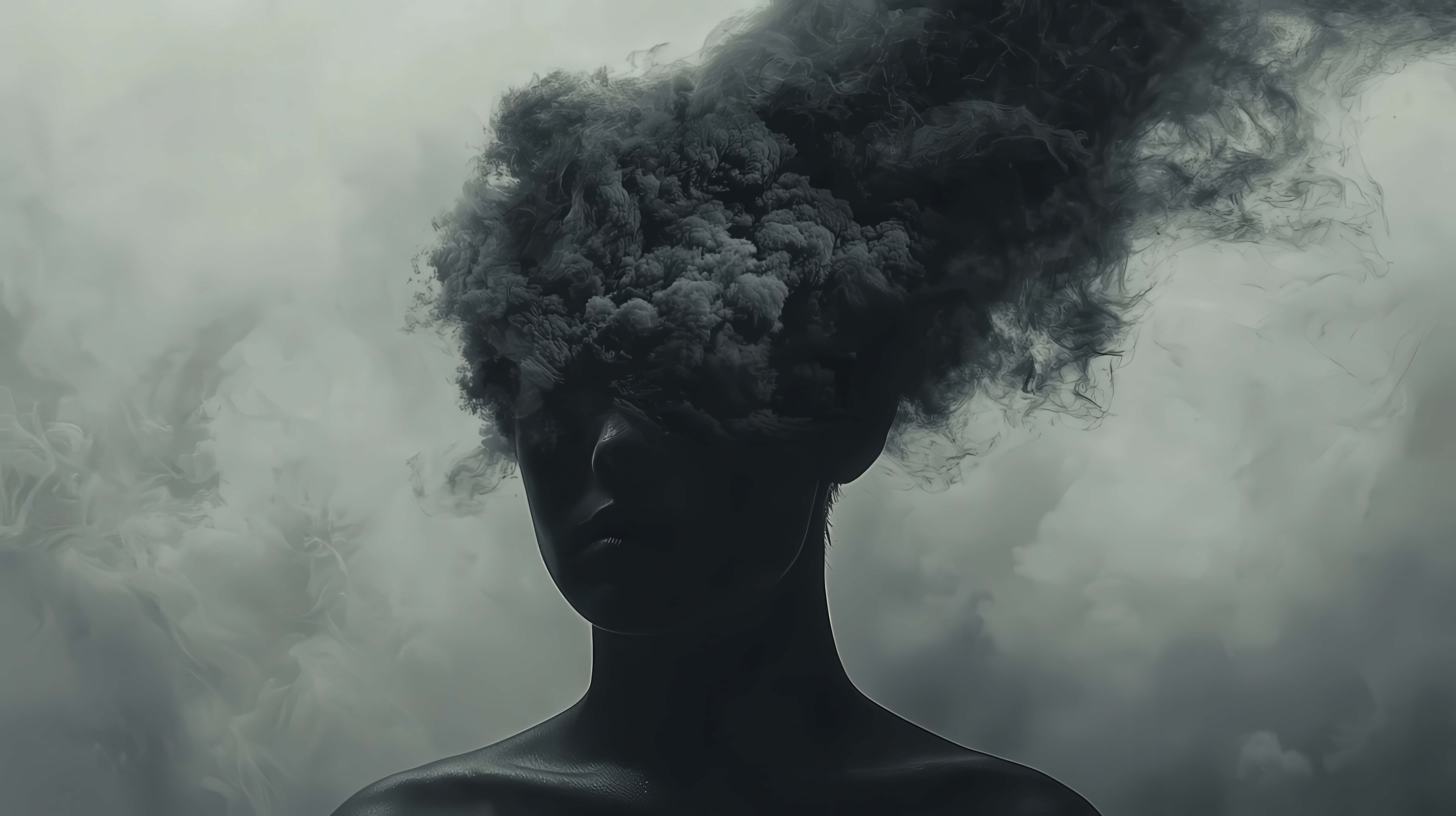 black smoke, silhouetted figure, swirling dark smoke, 8K Desktop Wallpaper
