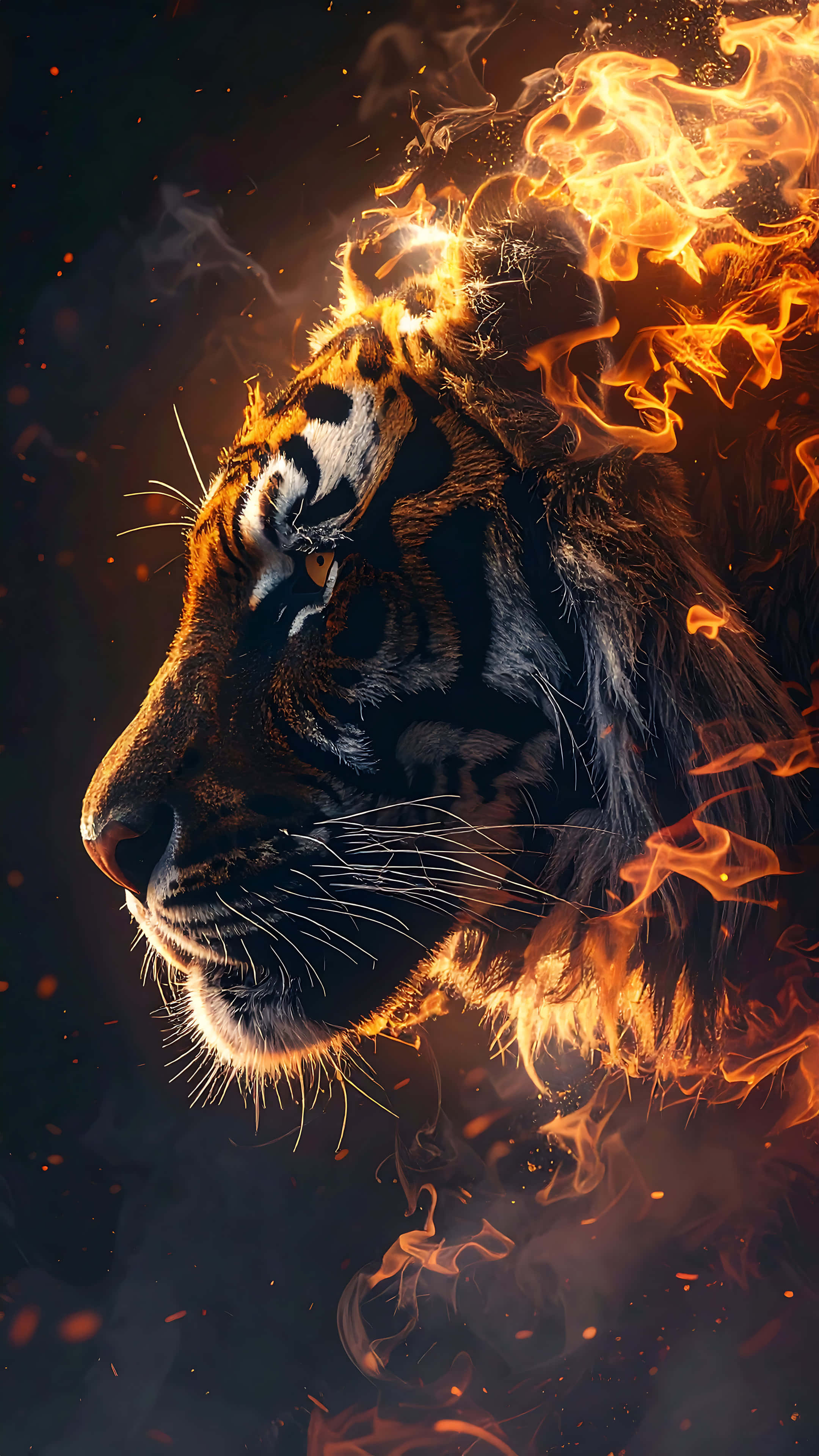 tiger, vibrant orange flames, dark smoky background, 4K Phone Wallpaper