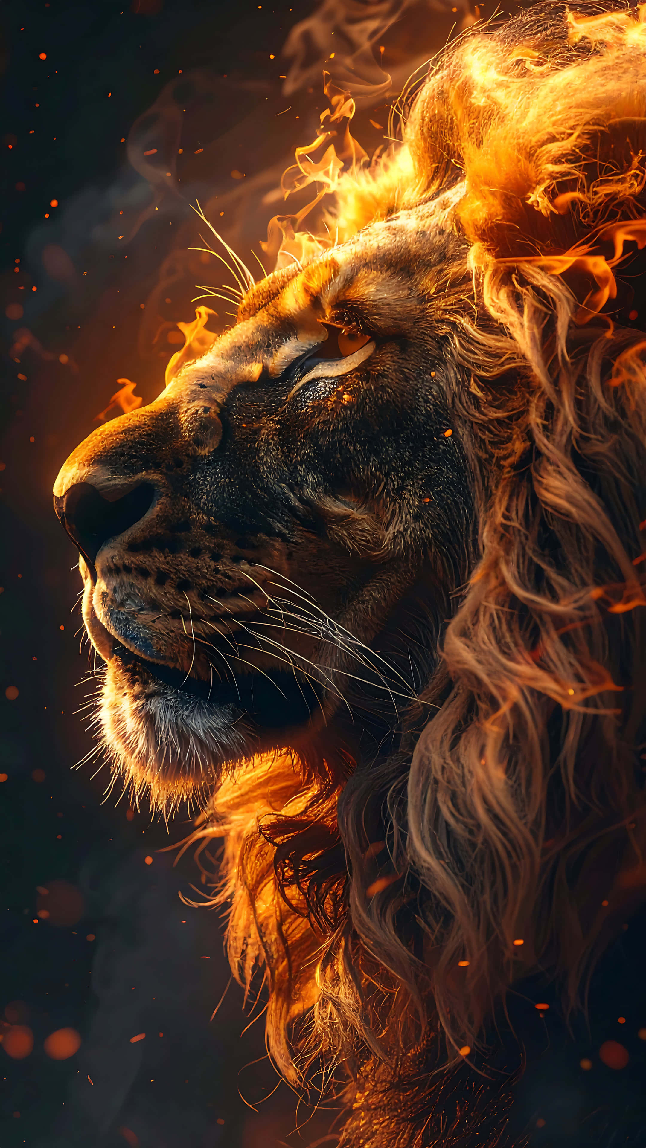 blazing lion, fiery orange flames, glowing embers, 4K Phone Wallpaper