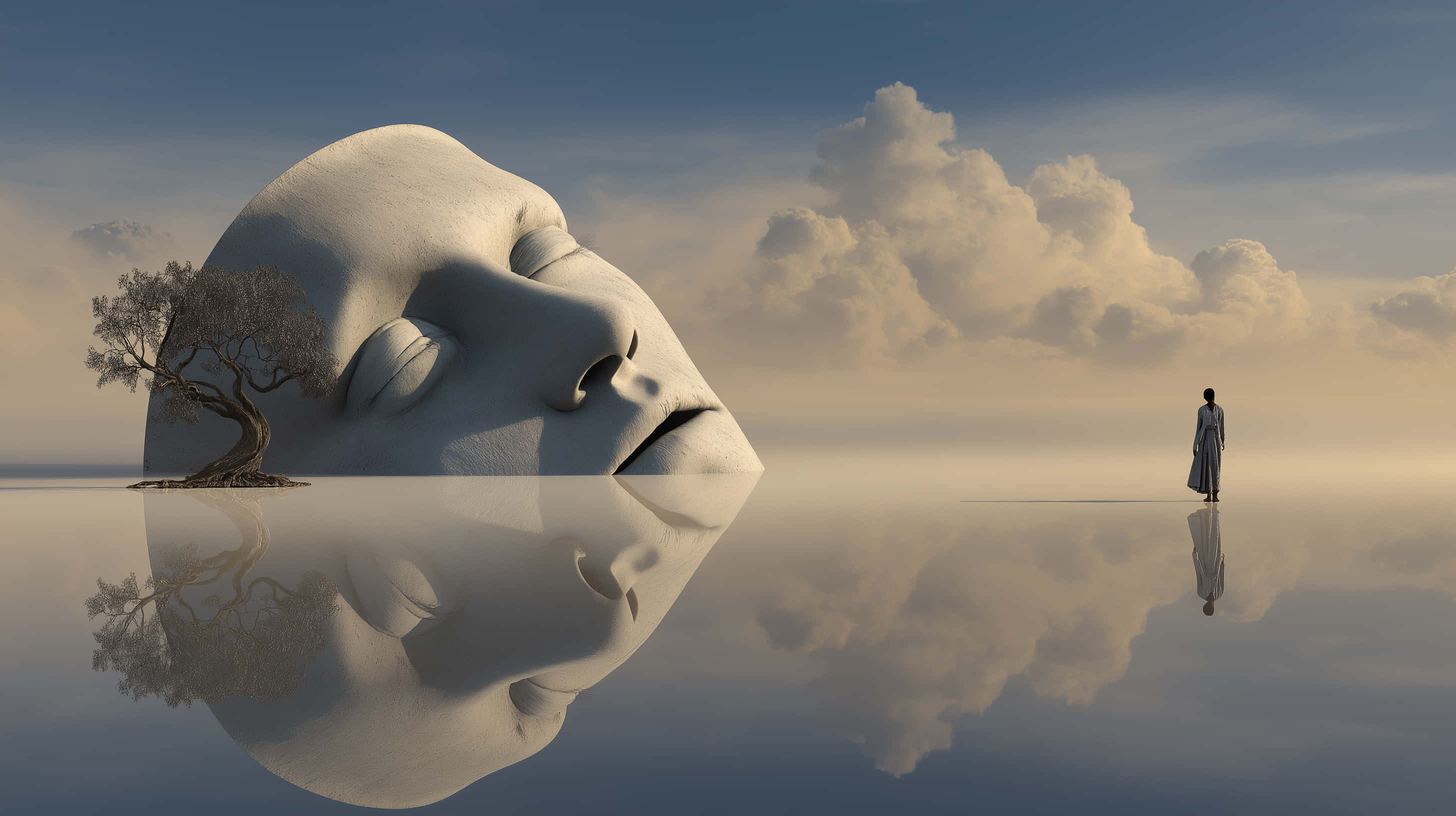 giant sleeping face, lone figure, reflective surface, 2K Desktop Wallpaper