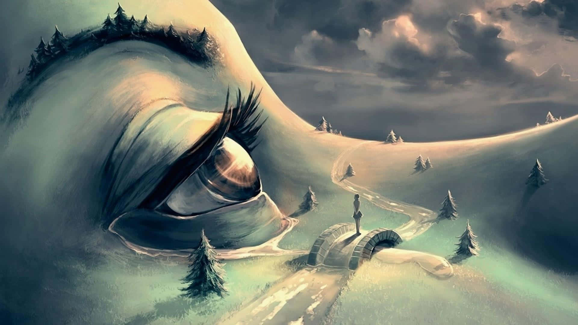 Surreal Art, watchful eye, misty valley, Full HD Desktop Wallpaper
