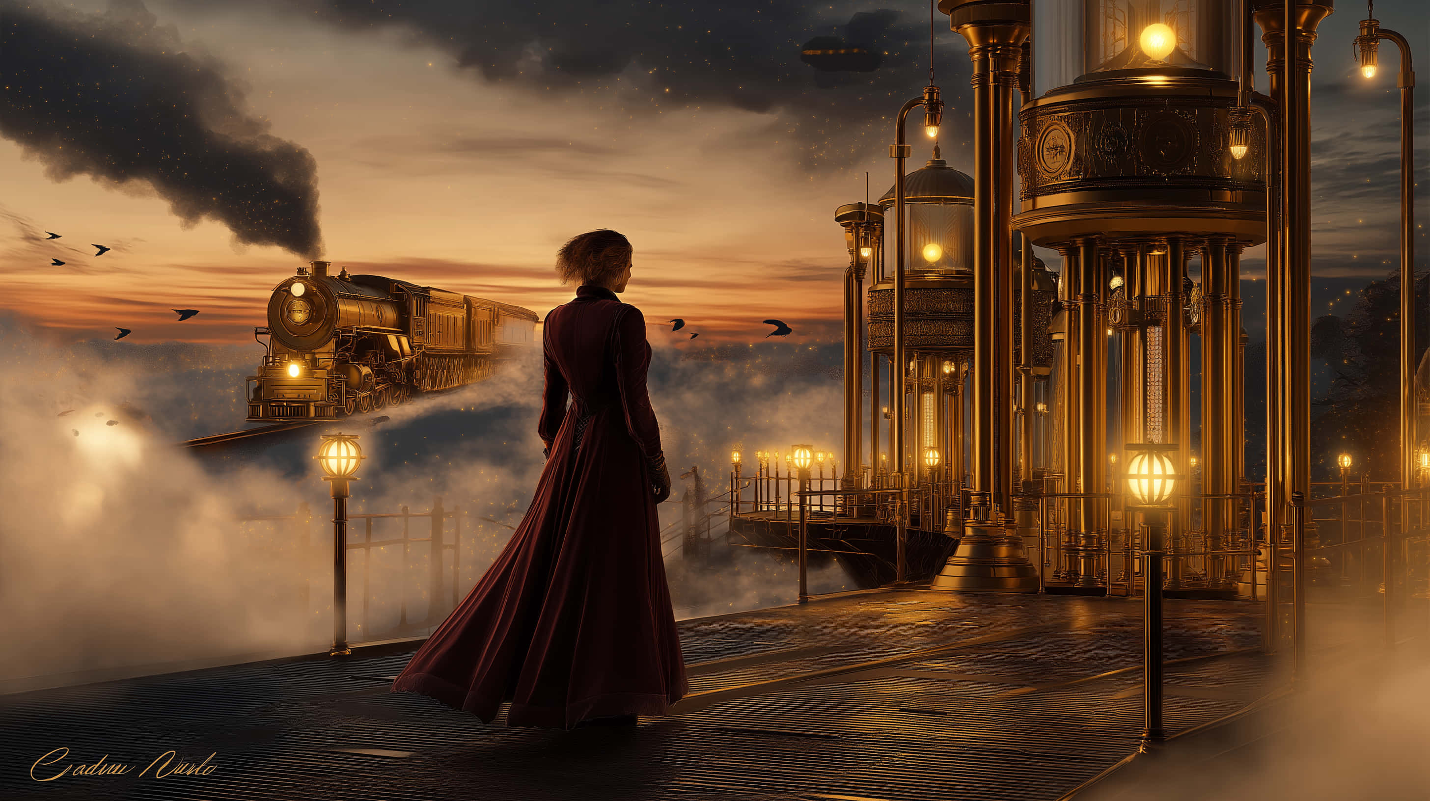 maroon gown, steam-lit platform, vintage locomotive, 2K Desktop Wallpaper