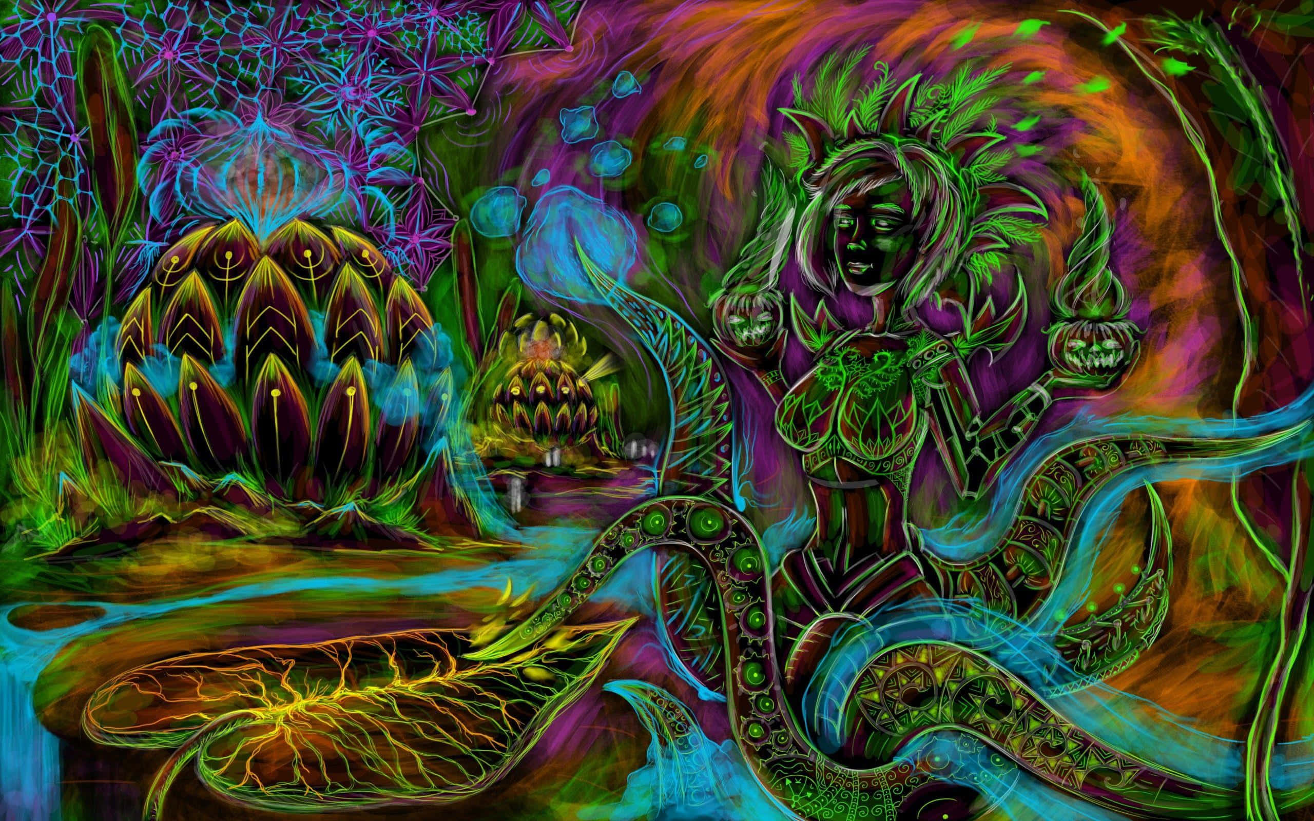 neon-green serpent goddess, glowing eyes, leafy crown, 2K Desktop Wallpaper