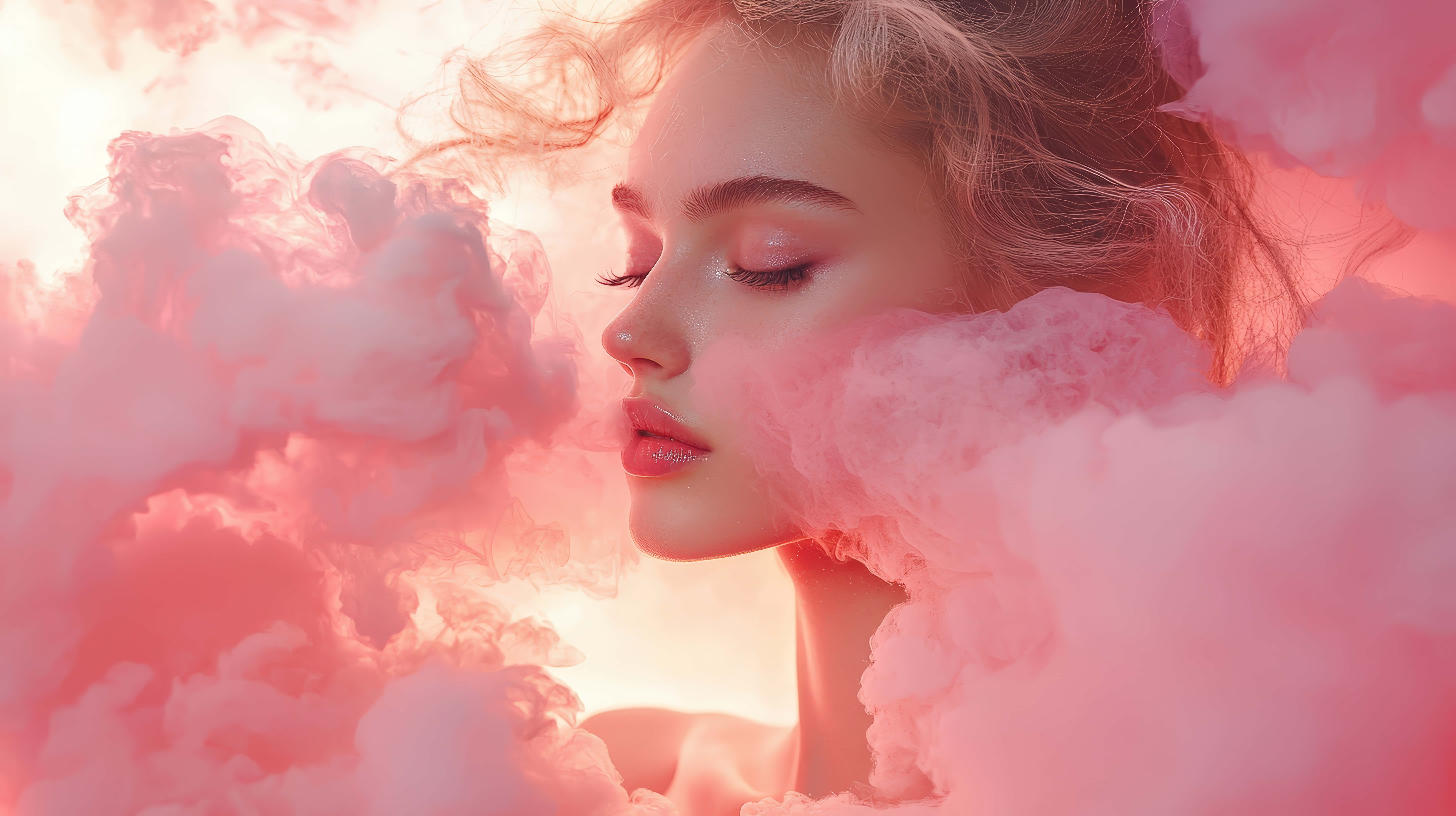 dreamy woman, soft pink clouds, glowing sky, 8K Desktop Wallpaper