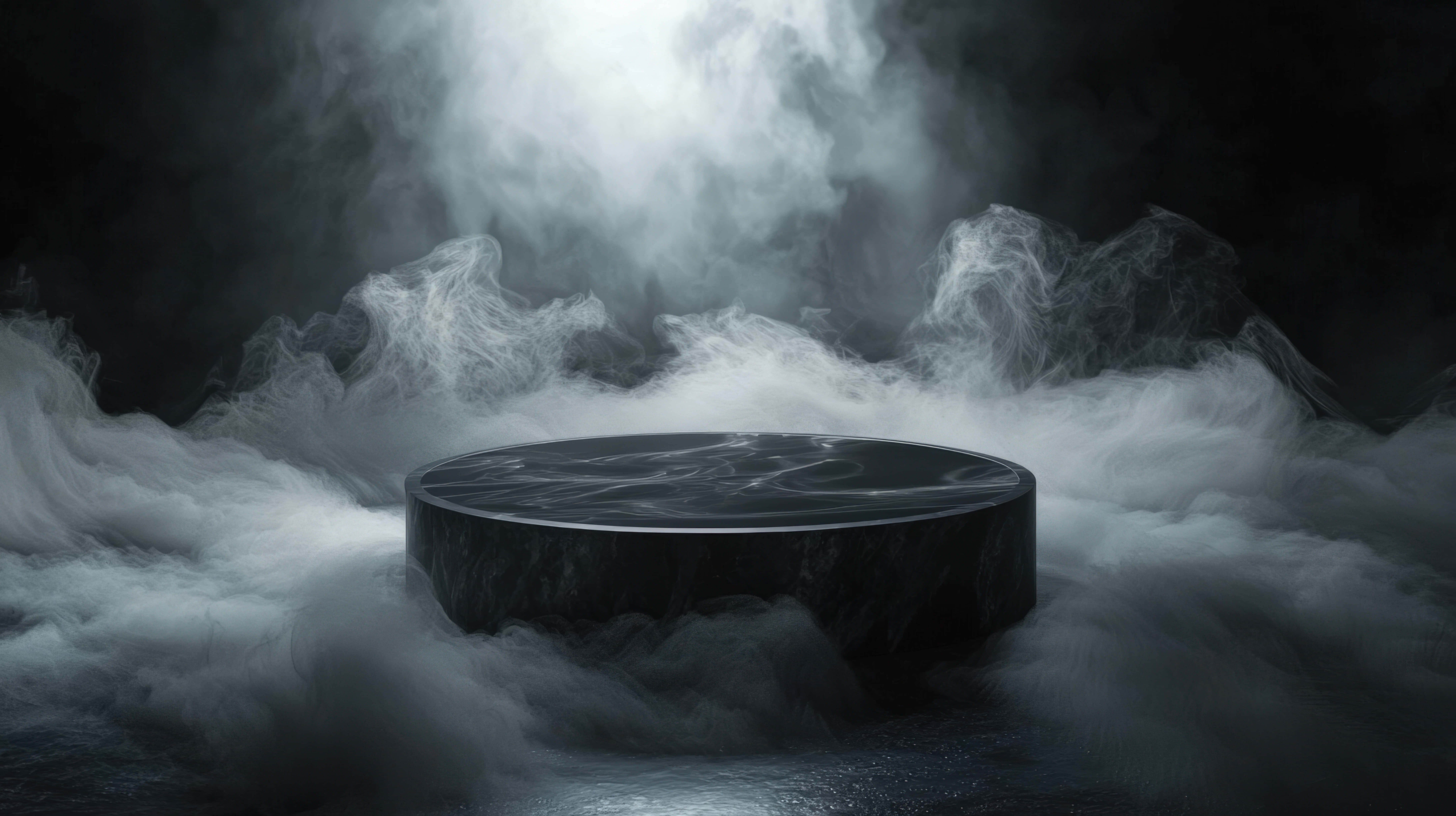 surreal, floating black platform, dense mist, 8K Desktop Wallpaper