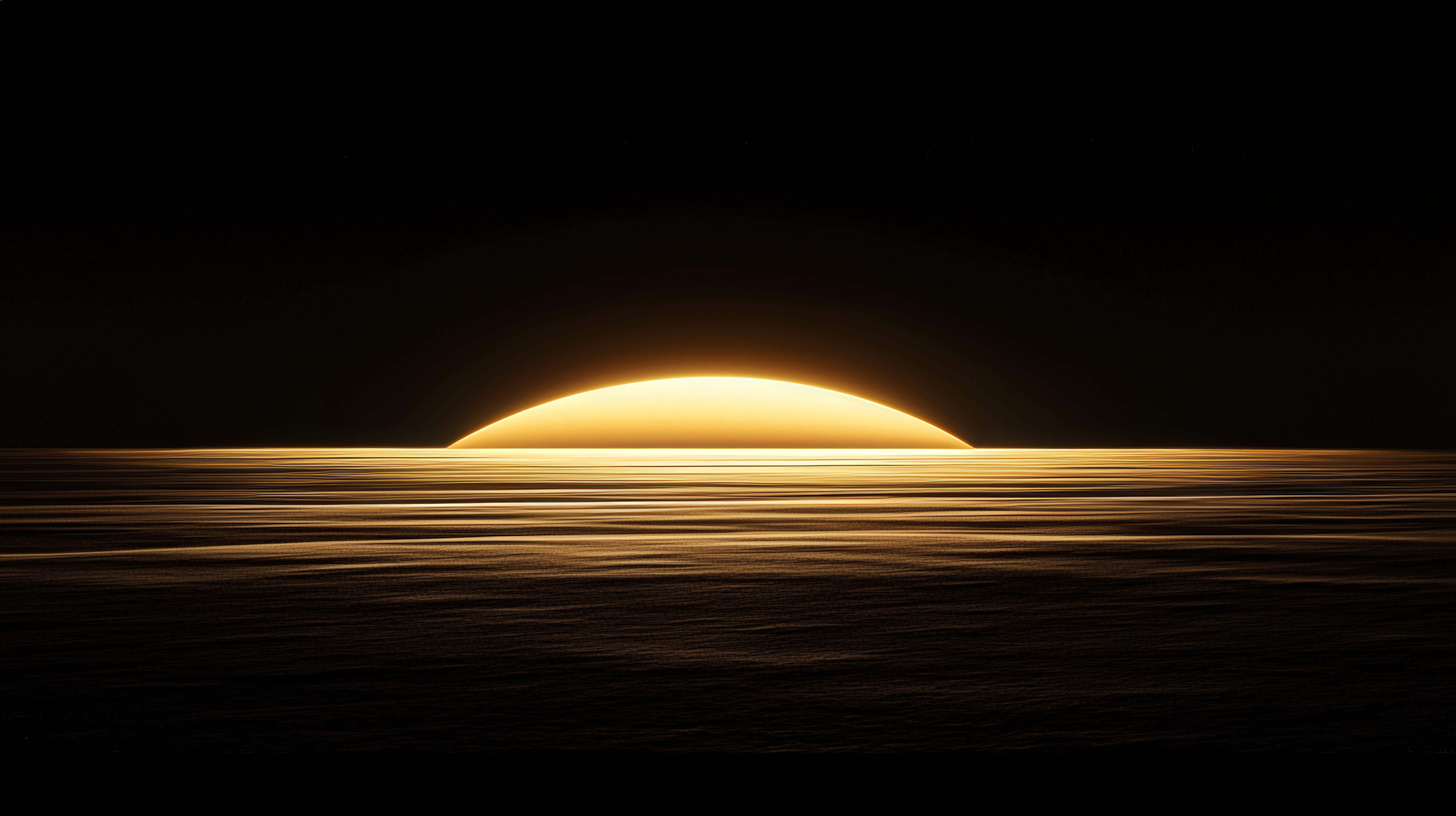 golden sunrise, dark surreal landscape, calm dark sea, 8K Desktop Wallpaper