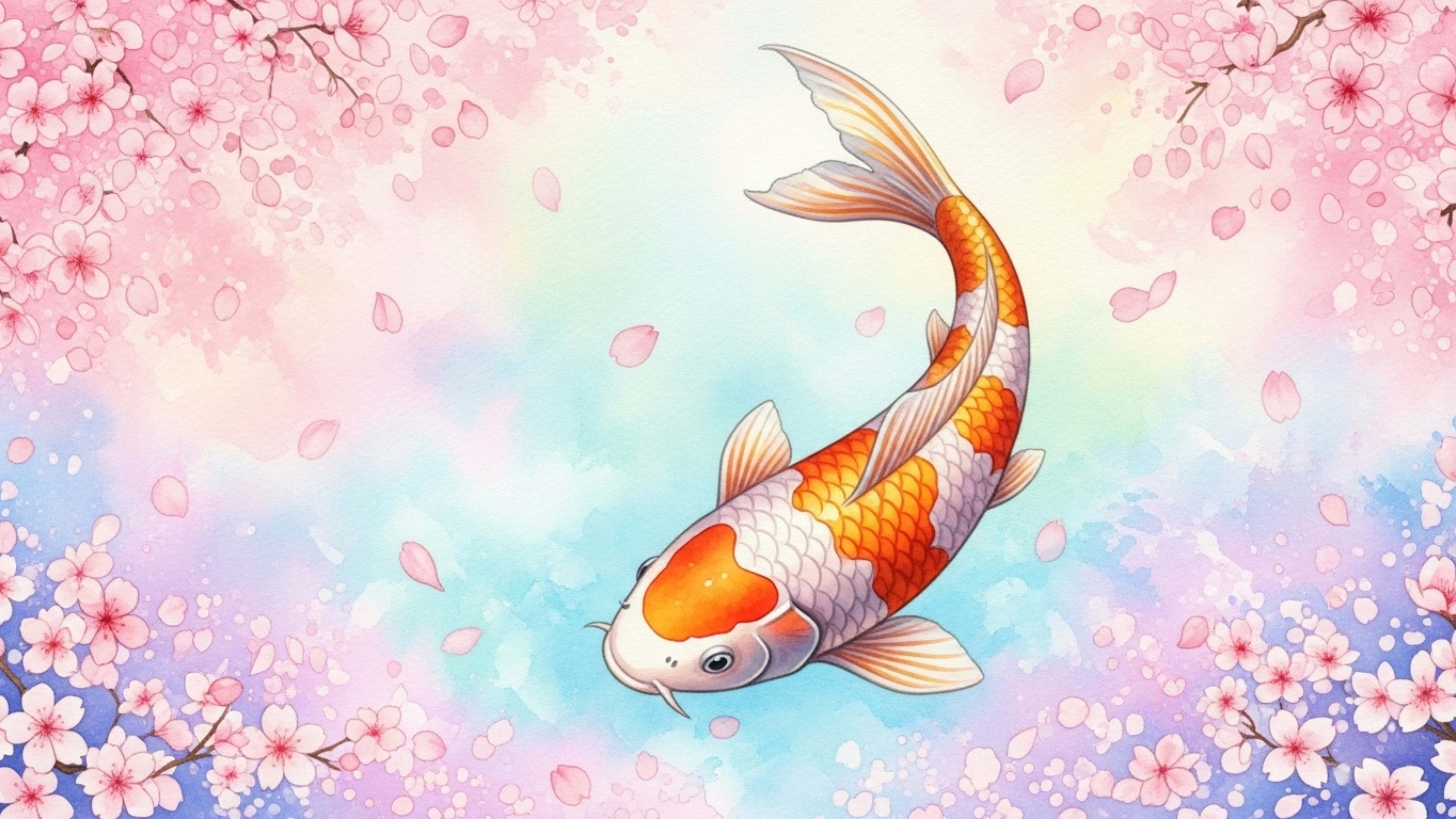 koi fish, cherry blossom petals, pastel sky, 8K Desktop Wallpaper
