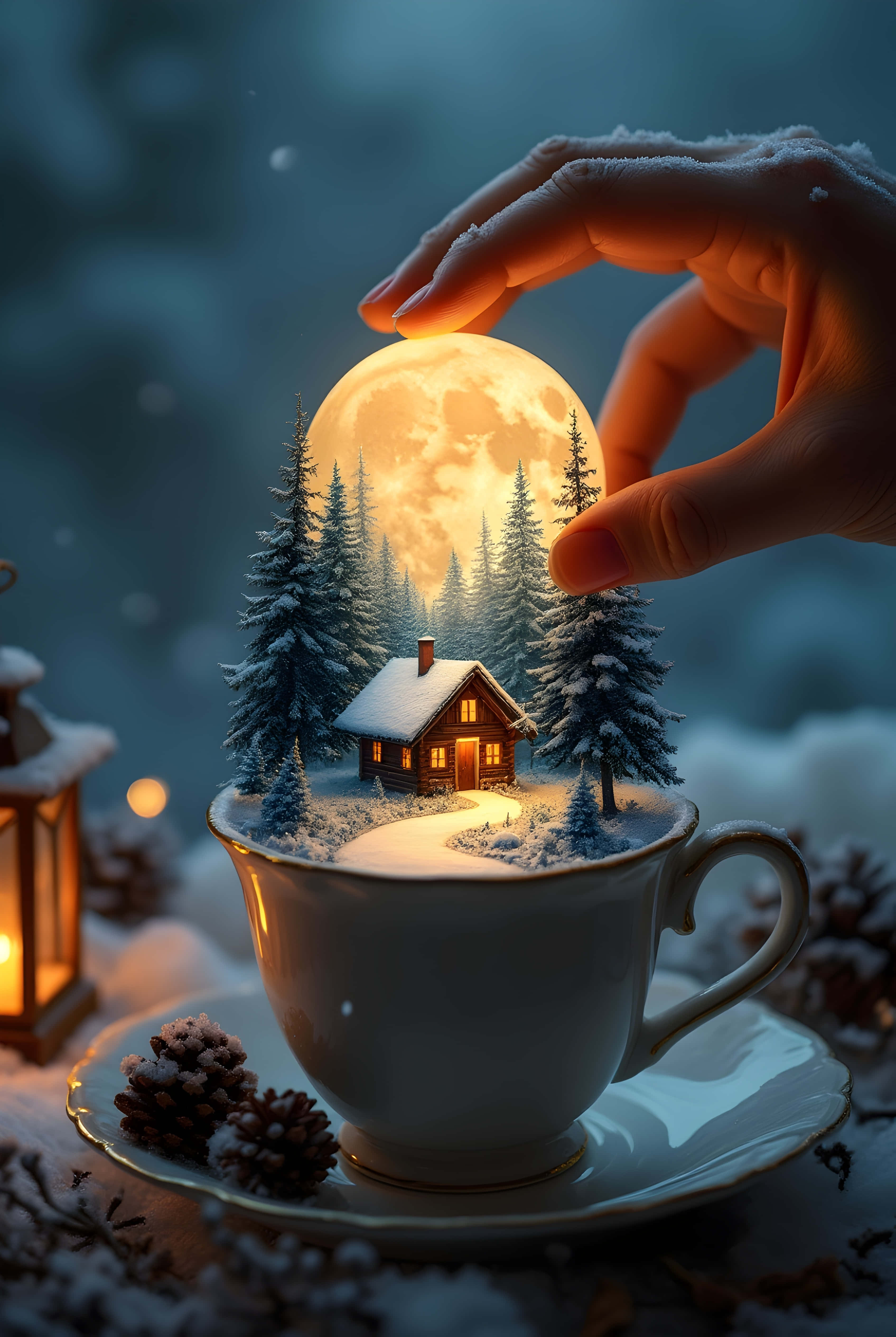 moon, teacup, snowy cabin, 4K Phone Wallpaper