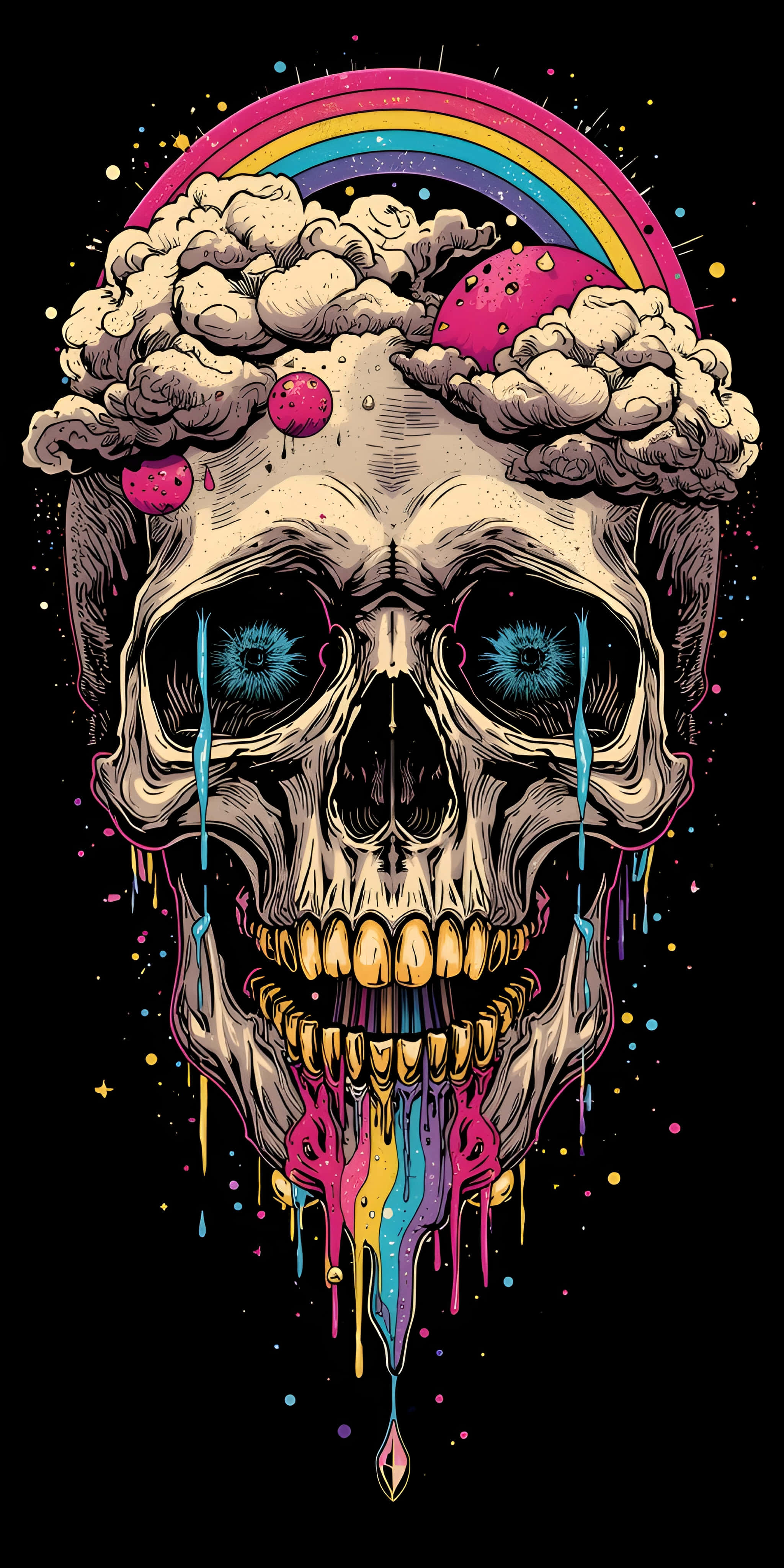mystical rainbow skull, purple drip, glowing blue eyes, 4K Phone Wallpaper