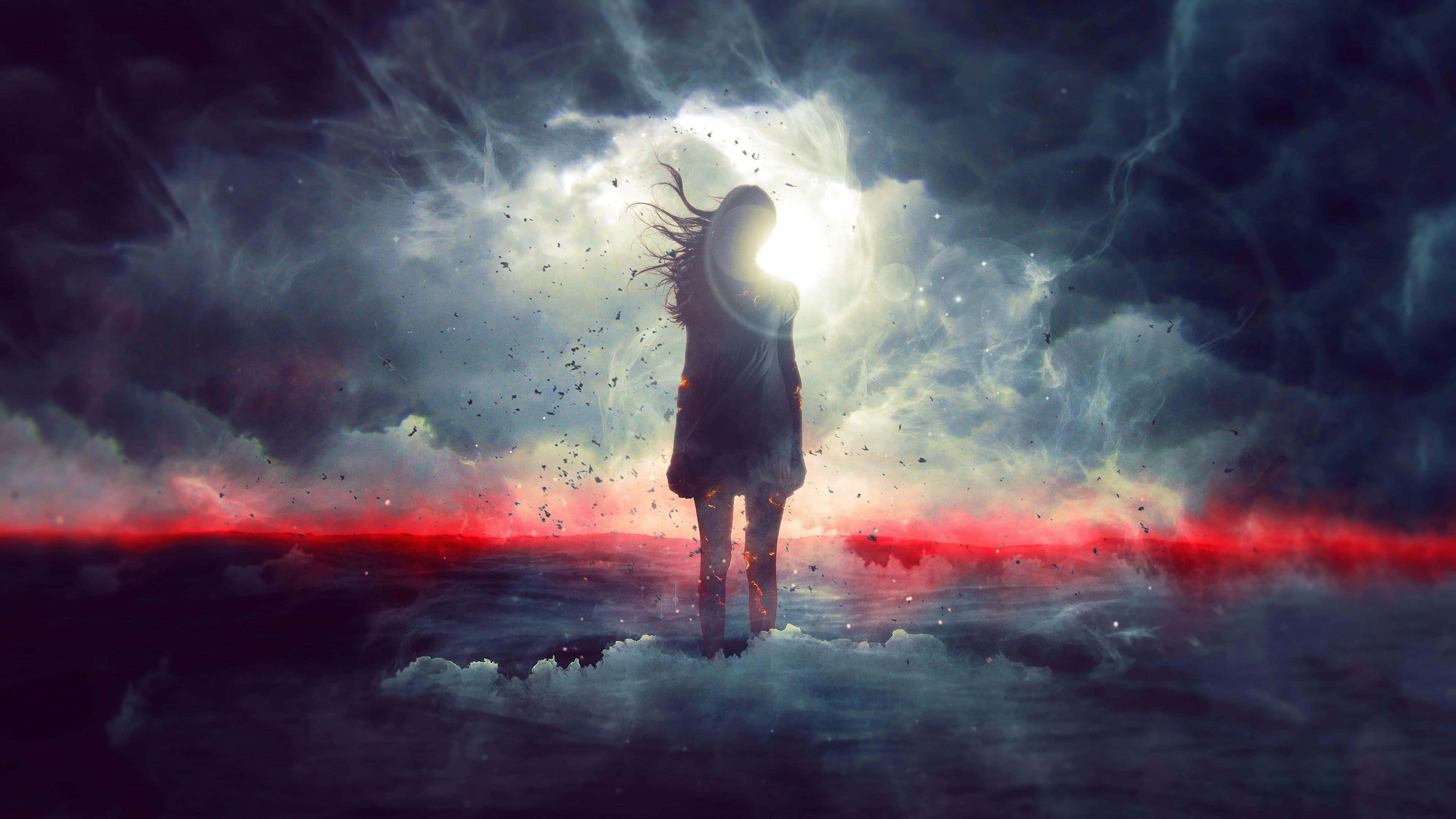 mystical eclipse silhouette, glowing celestial orb, red lightning, 4K Desktop Wallpaper