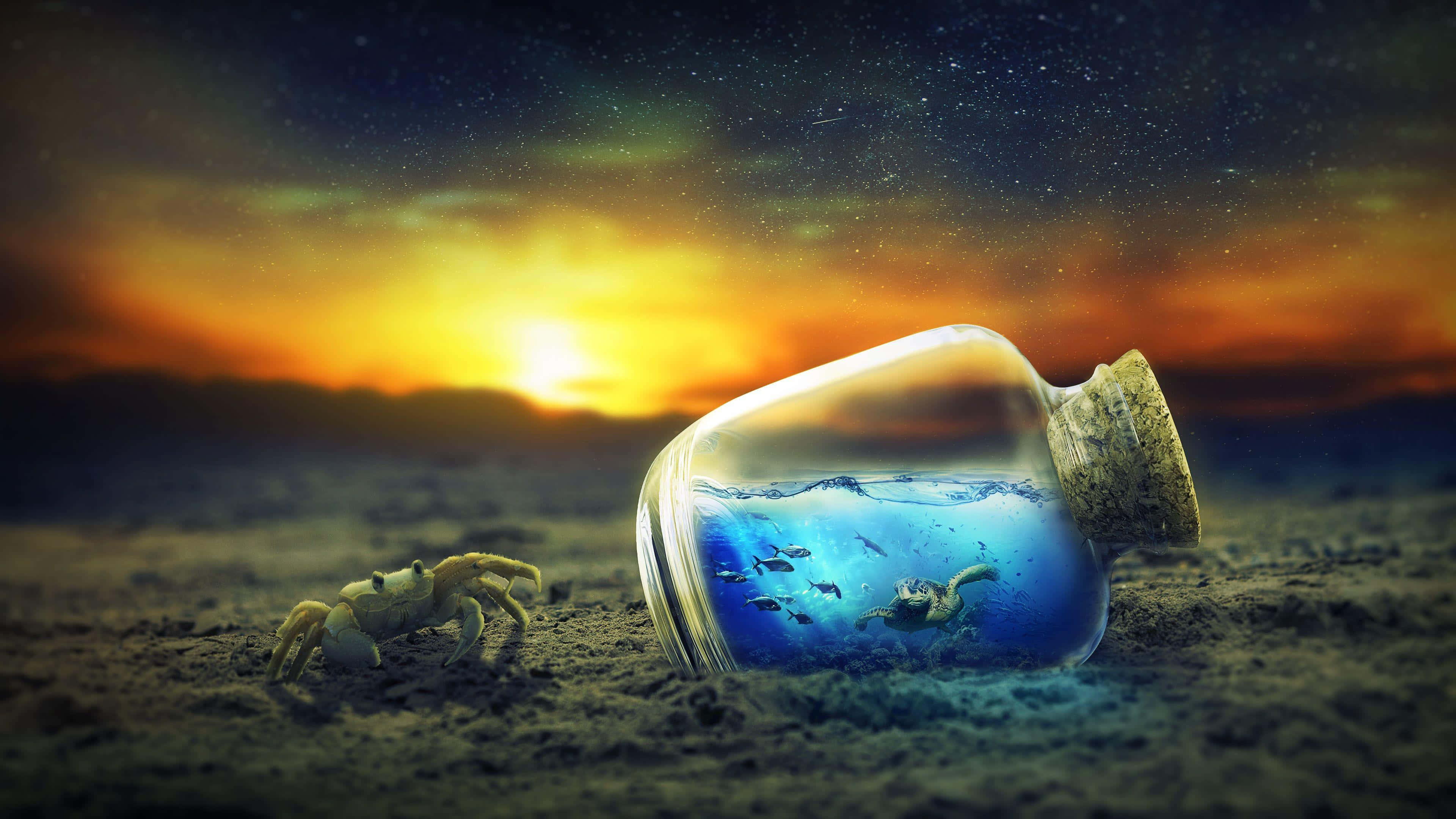 crab, glass bottle, glowing blue ocean, 4K Desktop Wallpaper