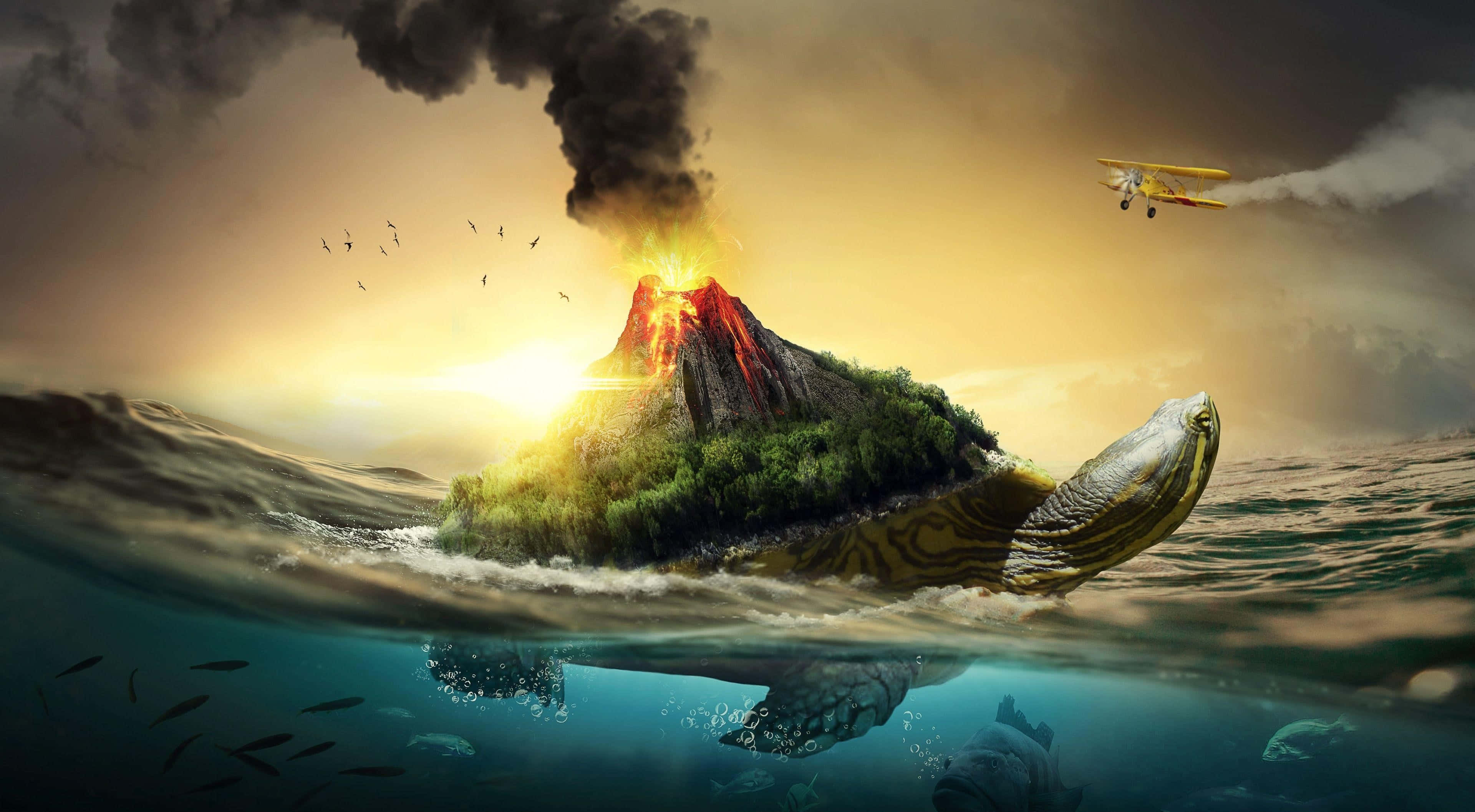 giant turtle, volcanic island, erupting with lava, 4K Desktop Wallpaper