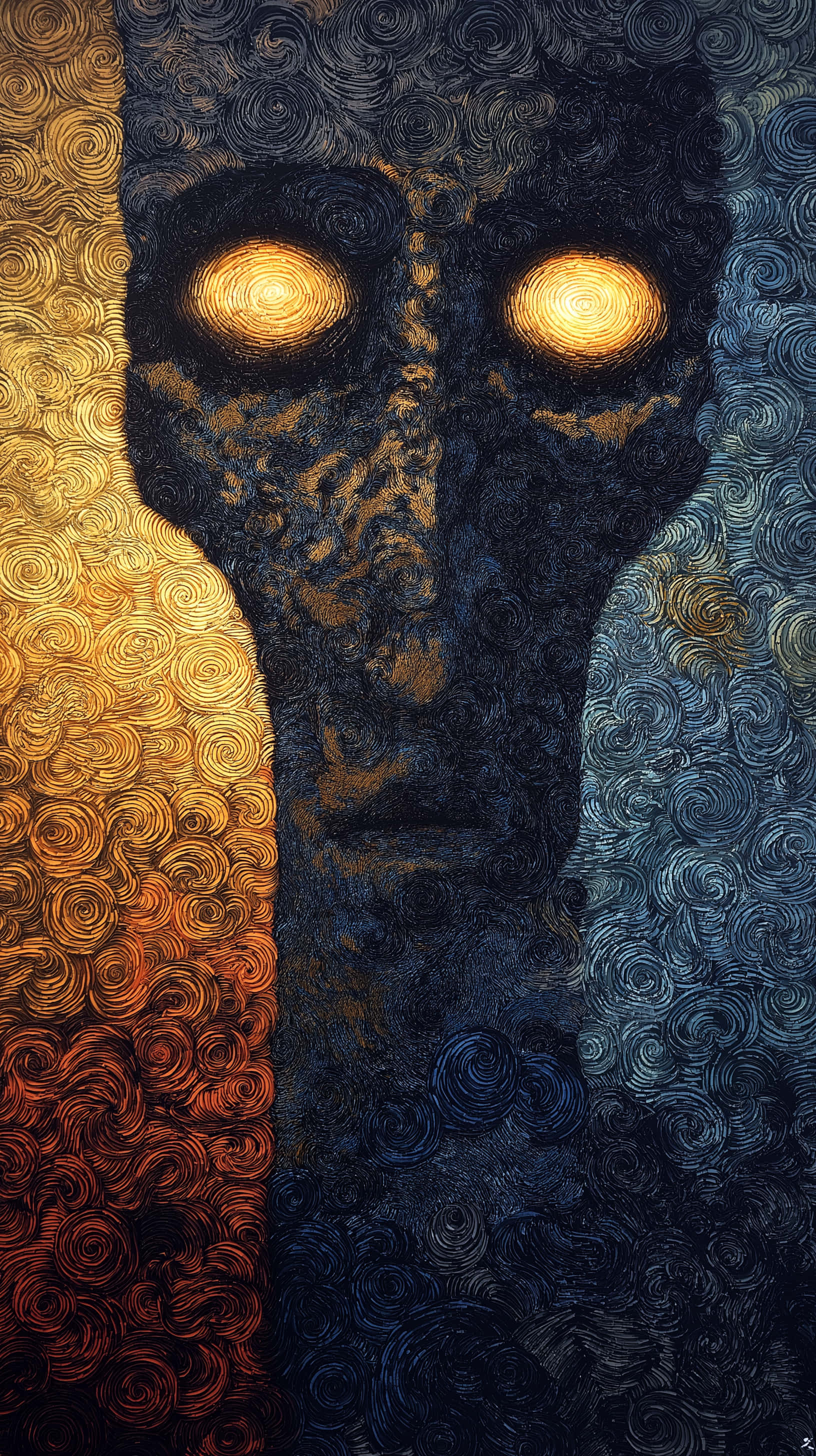 glowing golden eyes, swirling patterns, gold orange, 2K Phone Wallpaper