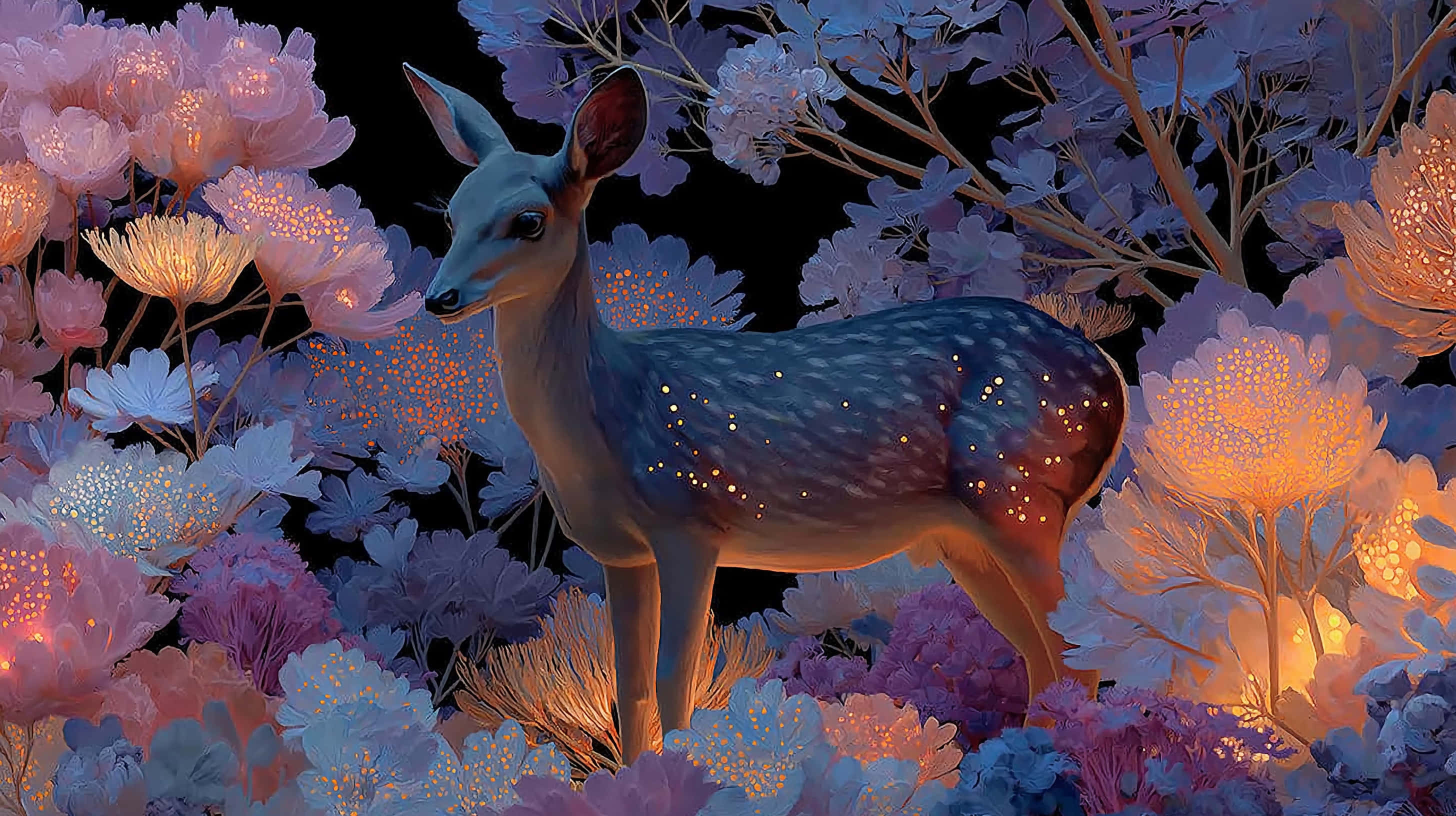 glowing deer, luminous purple and orange flowers, dark sky, 2K Desktop Wallpaper
