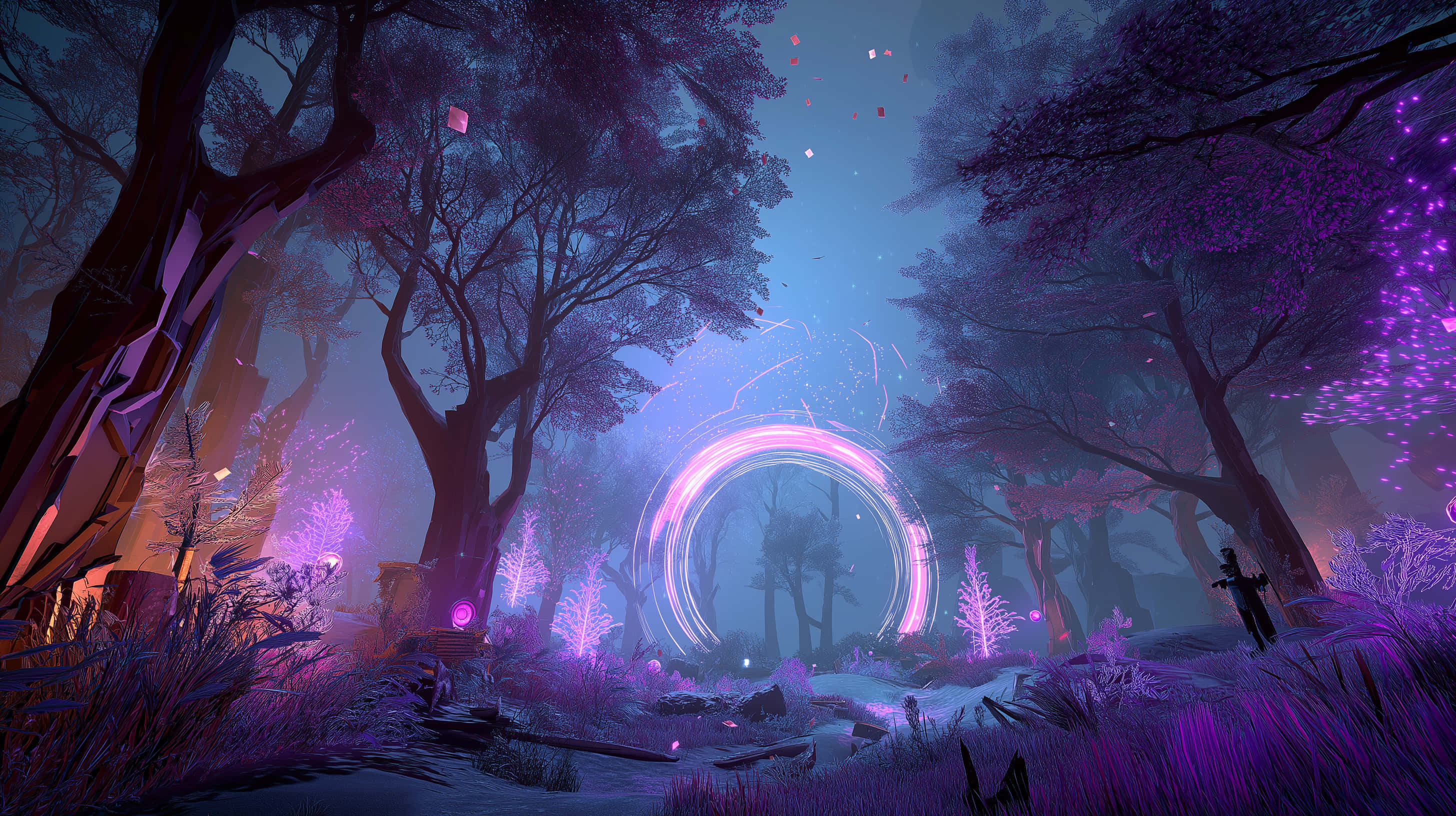 enchanted cybernetic forest, radiant pink portal, glowing purple trees, 2K Desktop Wallpaper