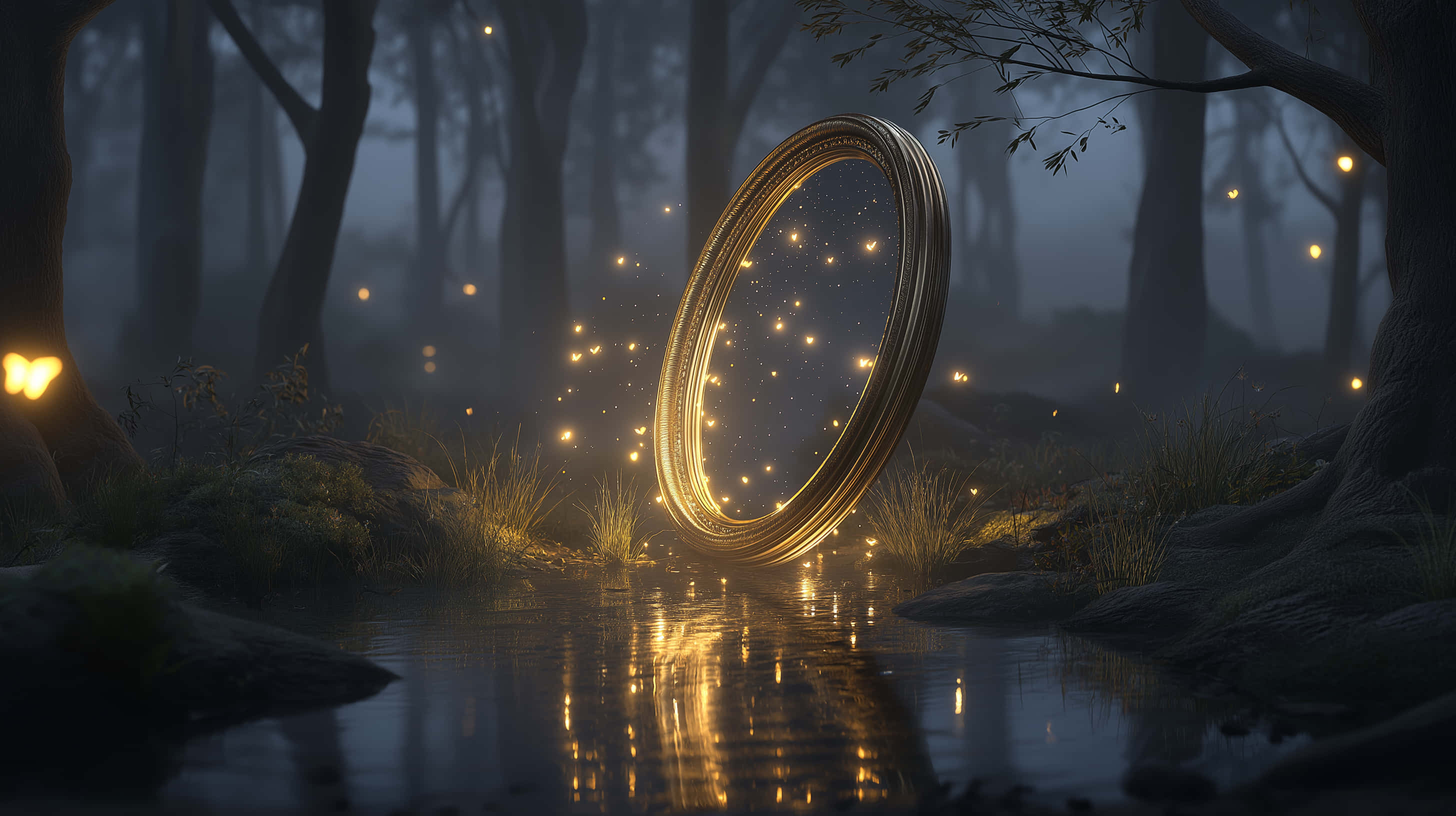 ancient glimmering portal, mystical forest stream, glowing golden ring, 2K Desktop Wallpaper
