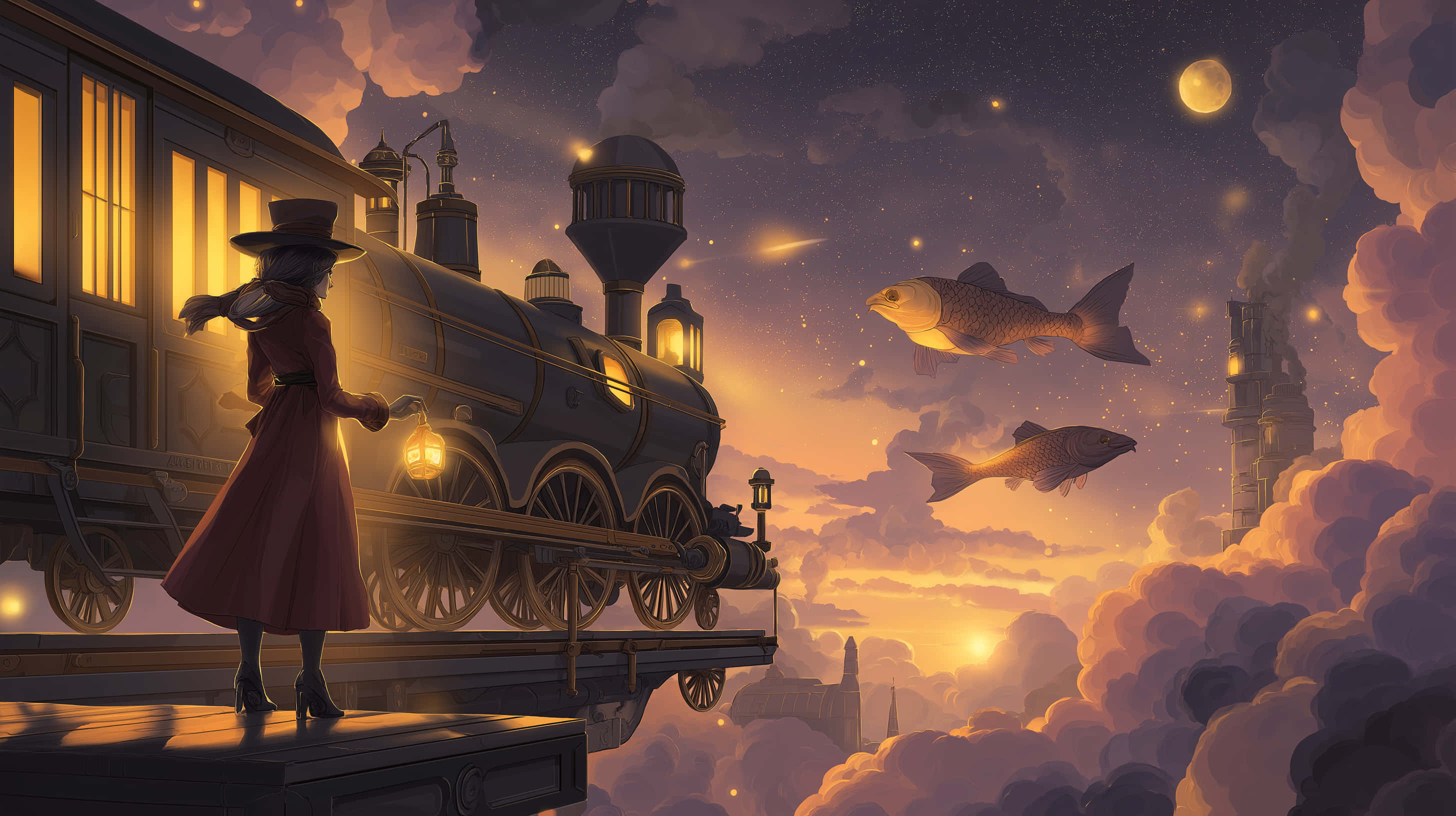 red coat, hat, lantern, 2K Desktop Wallpaper