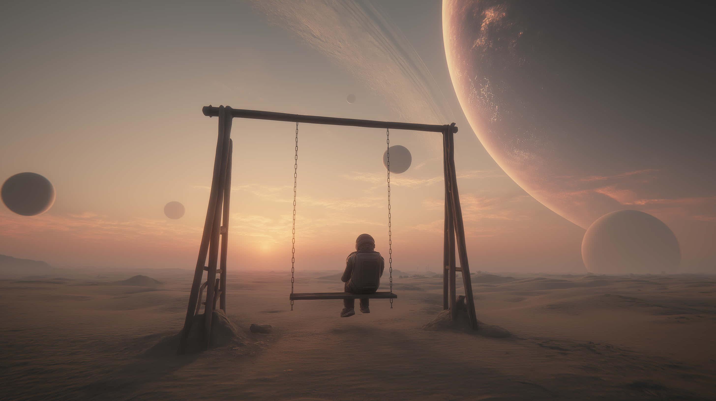 contemplative astronaut, swing, barren alien desert, 2K Desktop Wallpaper
