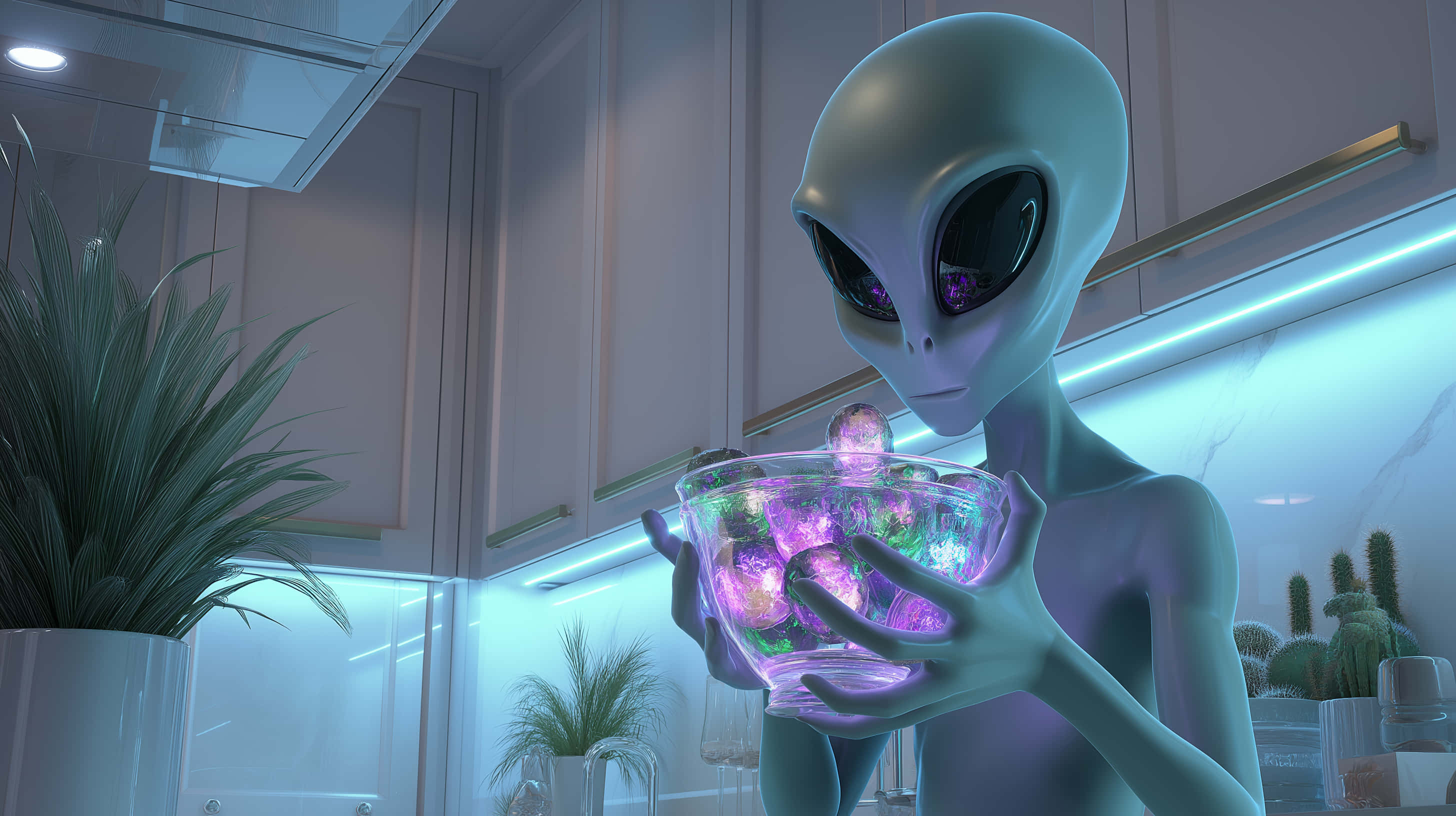 gray alien, large black eyes, glowing bowl of colorful orbs, 2K Desktop Wallpaper