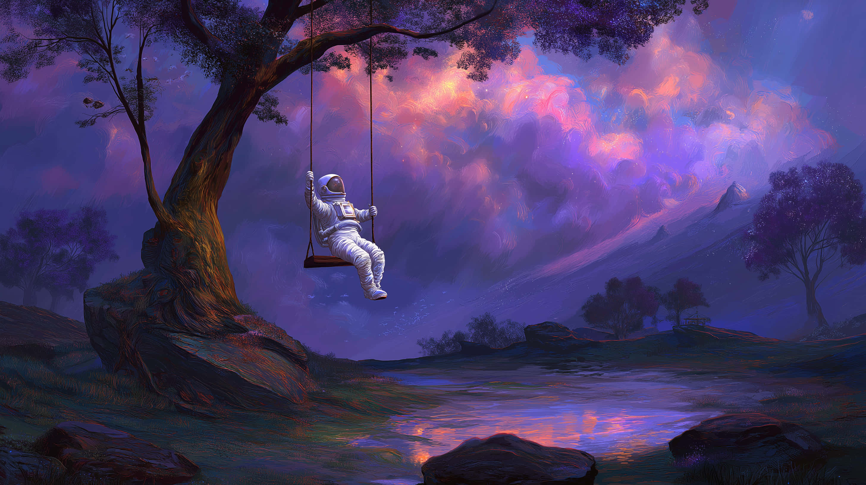 astronaut, white suit, tree swing, 2K Desktop Wallpaper