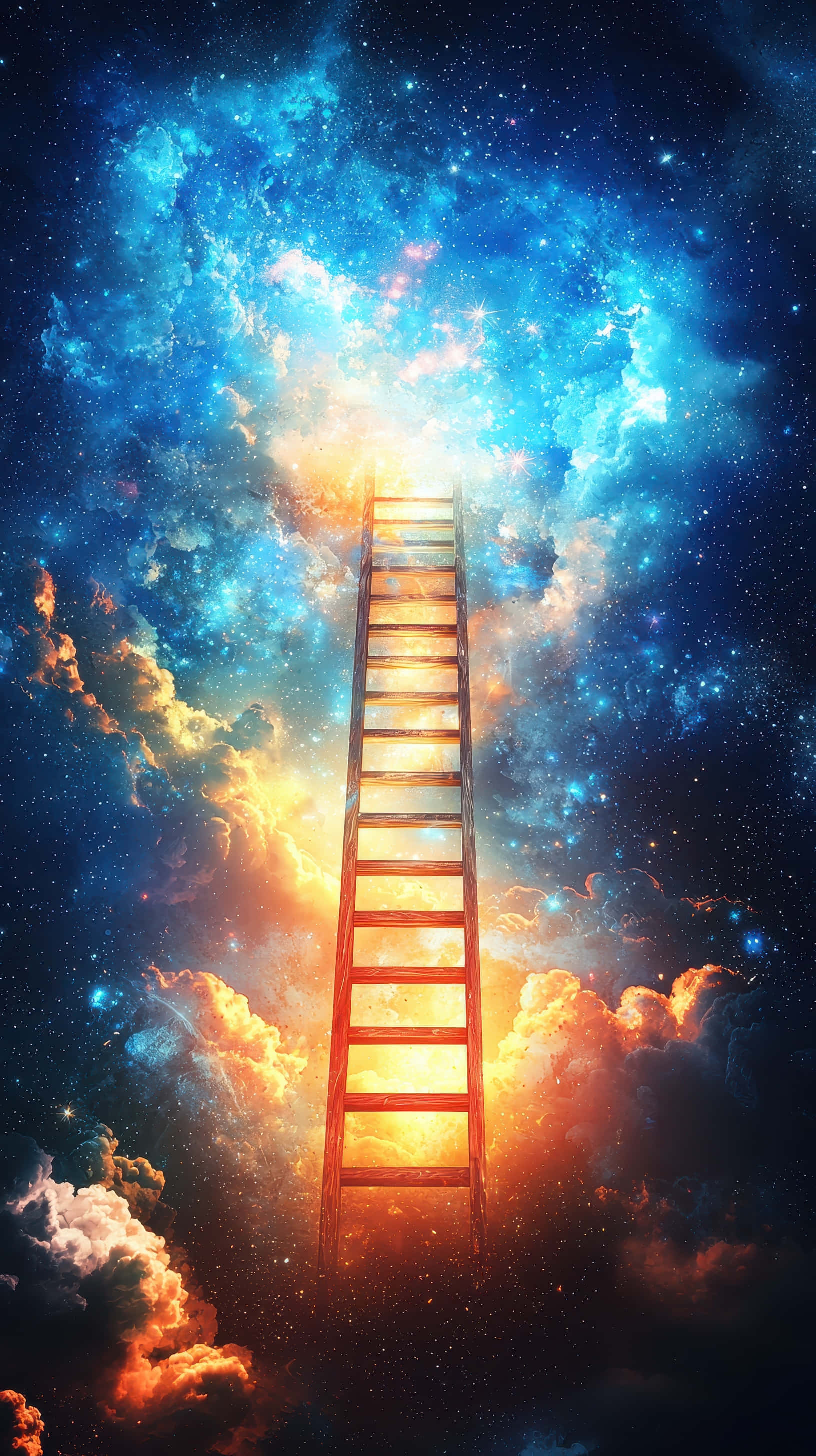 wooden ladder, swirling cosmic clouds, radiant celestial light, 2K Phone Wallpaper