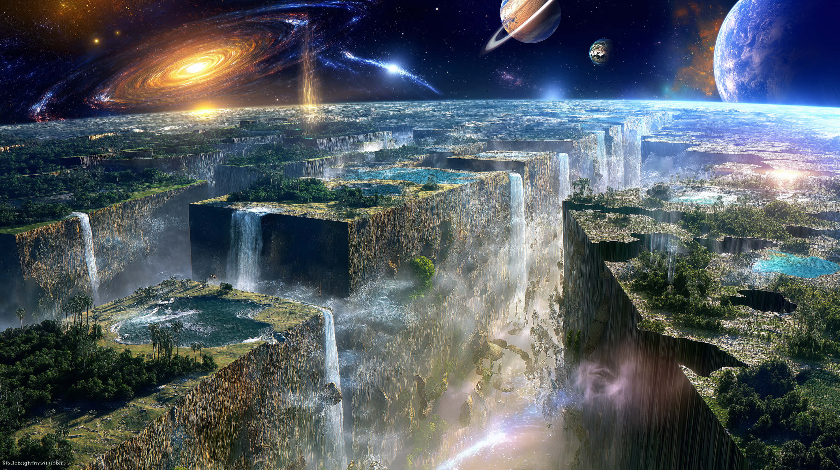 cosmic flat earth, waterfall edges, celestial view, 2K Desktop Wallpaper