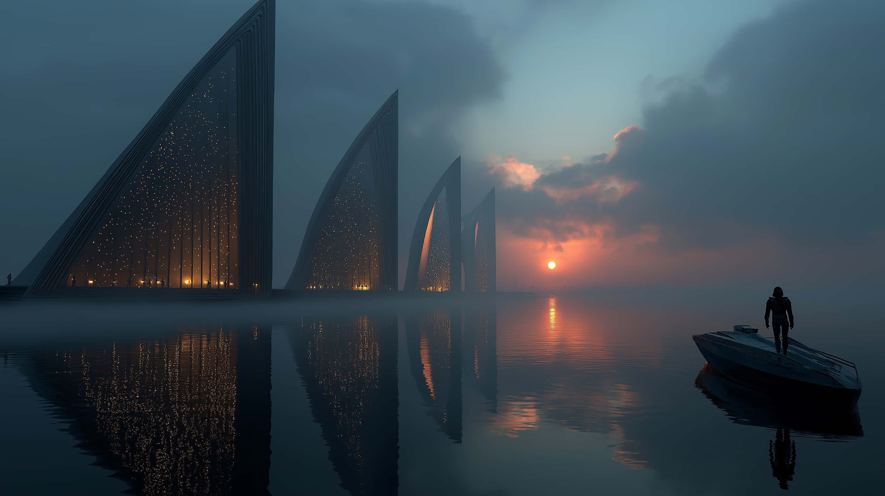 futuristic spire architecture, triangular skyscrapers, calm water, 2K Desktop Wallpaper