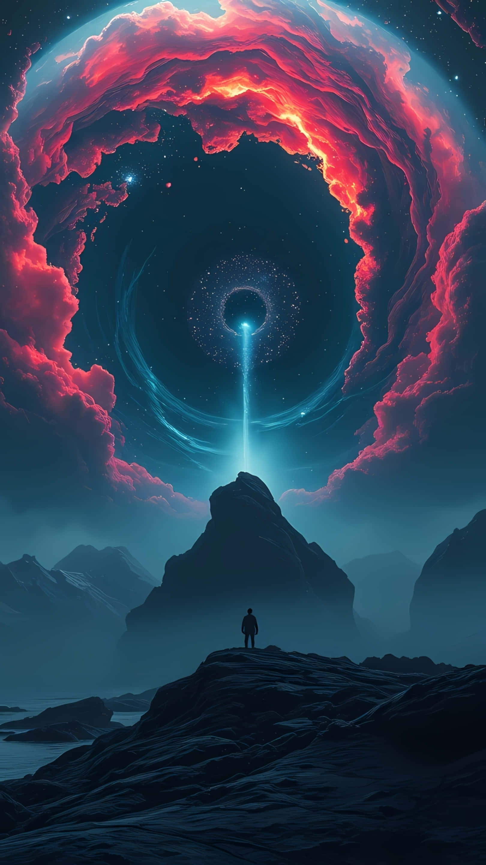 cosmic portal, rocky peak, distant mountains, 2K Phone Wallpaper