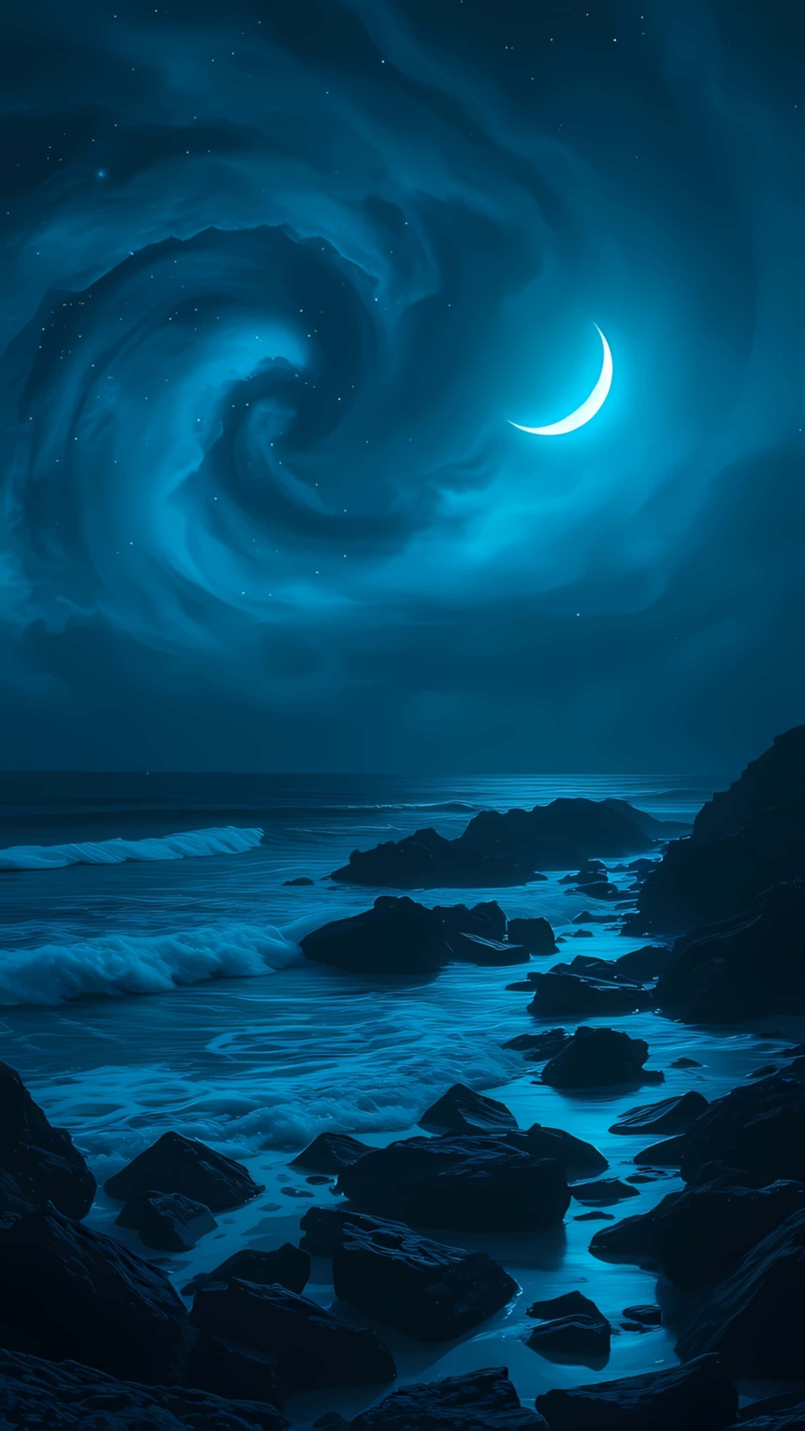 crescent moon, swirling blue nebula, waves crash, 2K Phone Wallpaper