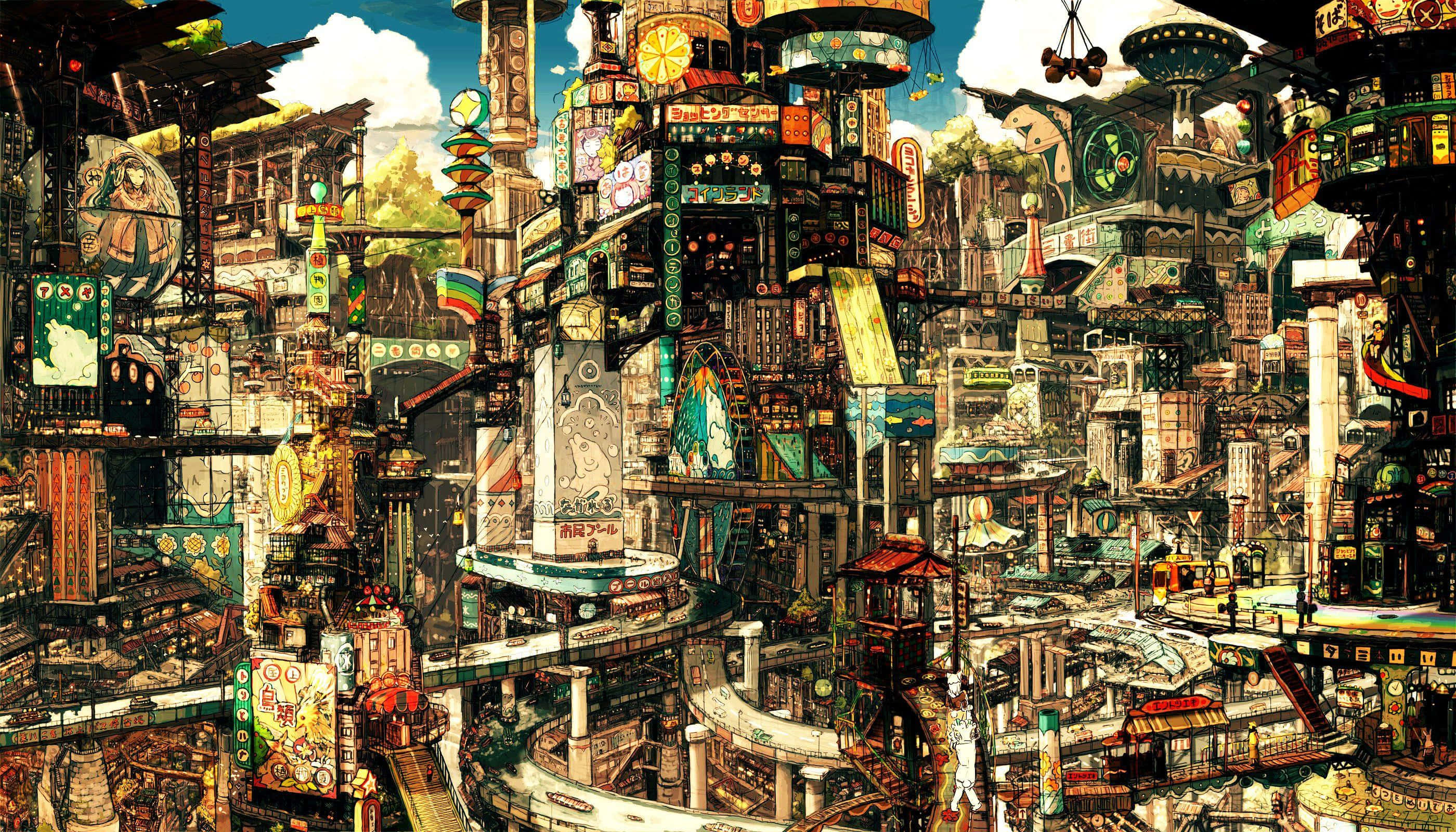 futuristic cityscape, towering buildings, neon signs, 2K Desktop Wallpaper