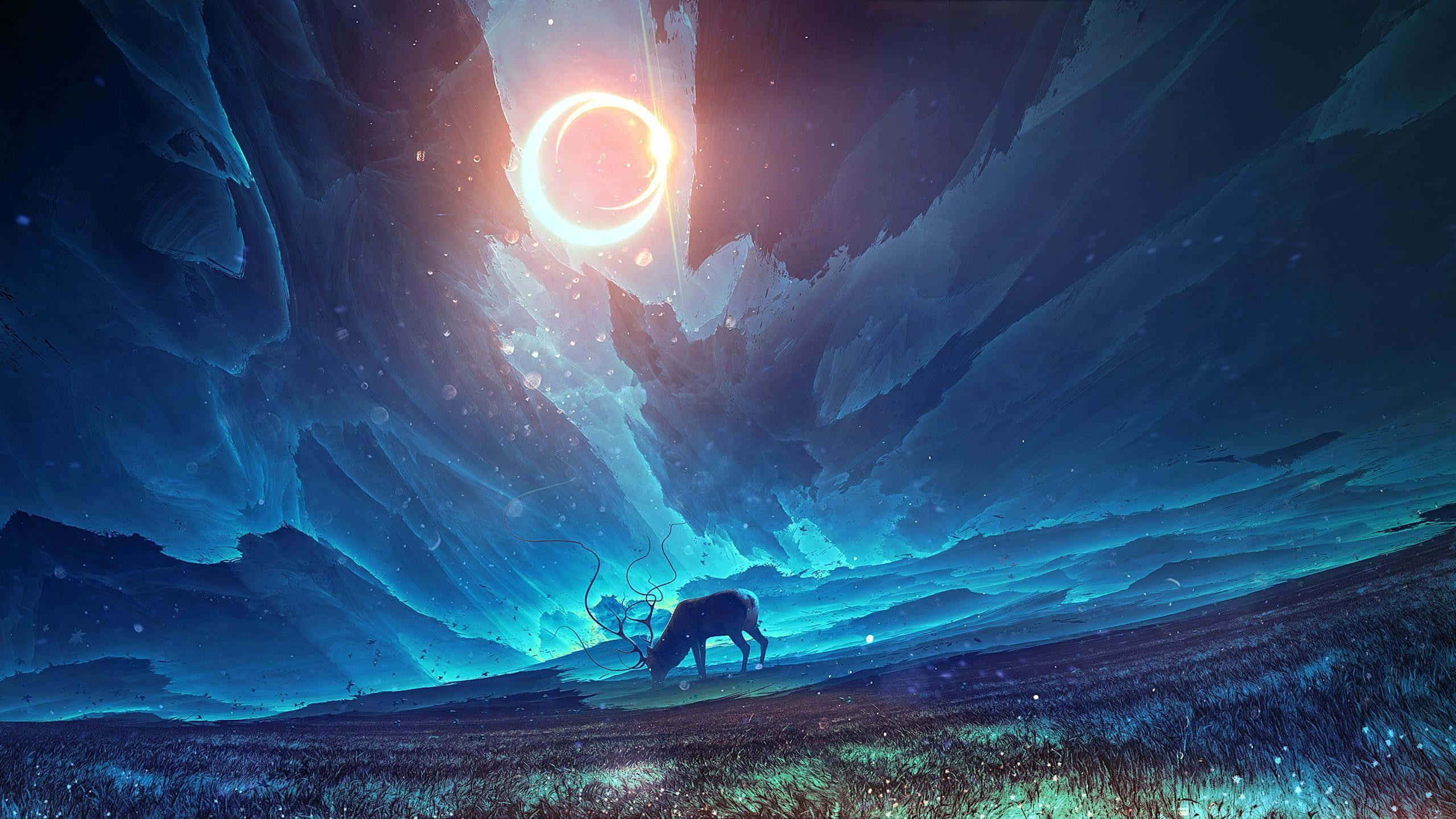 eclipse, blue canyon, starry sky, 2K Desktop Wallpaper