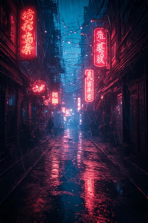 neon signs, red neon, wet pavement, SD Phone Wallpaper