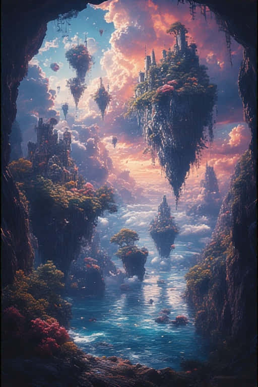fantasy dreamscape, glowing floating islands, vibrant sky, SD Phone Wallpaper