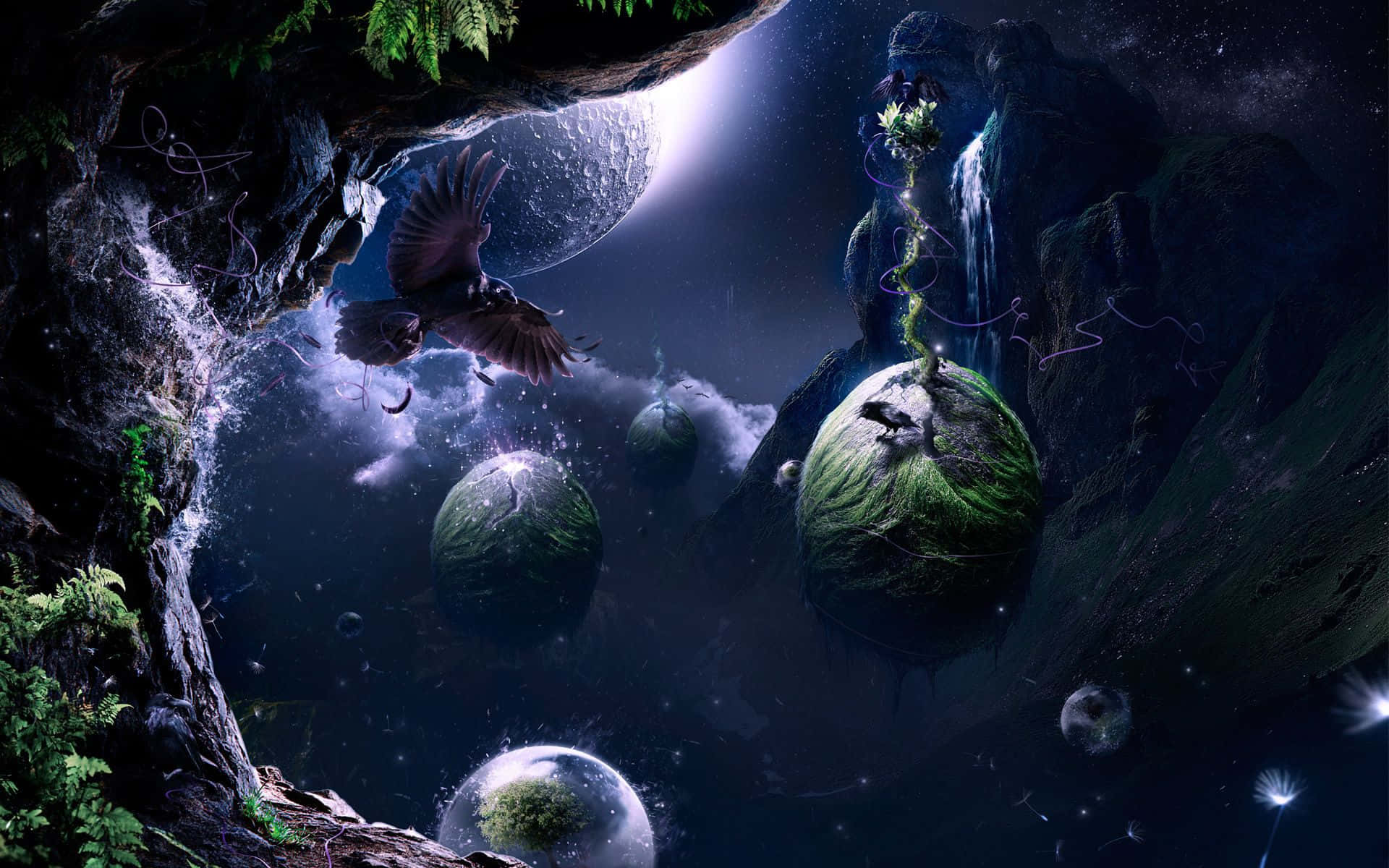 Surrealism, bioluminescent spheres, glowing moon, Full HD Desktop Wallpaper