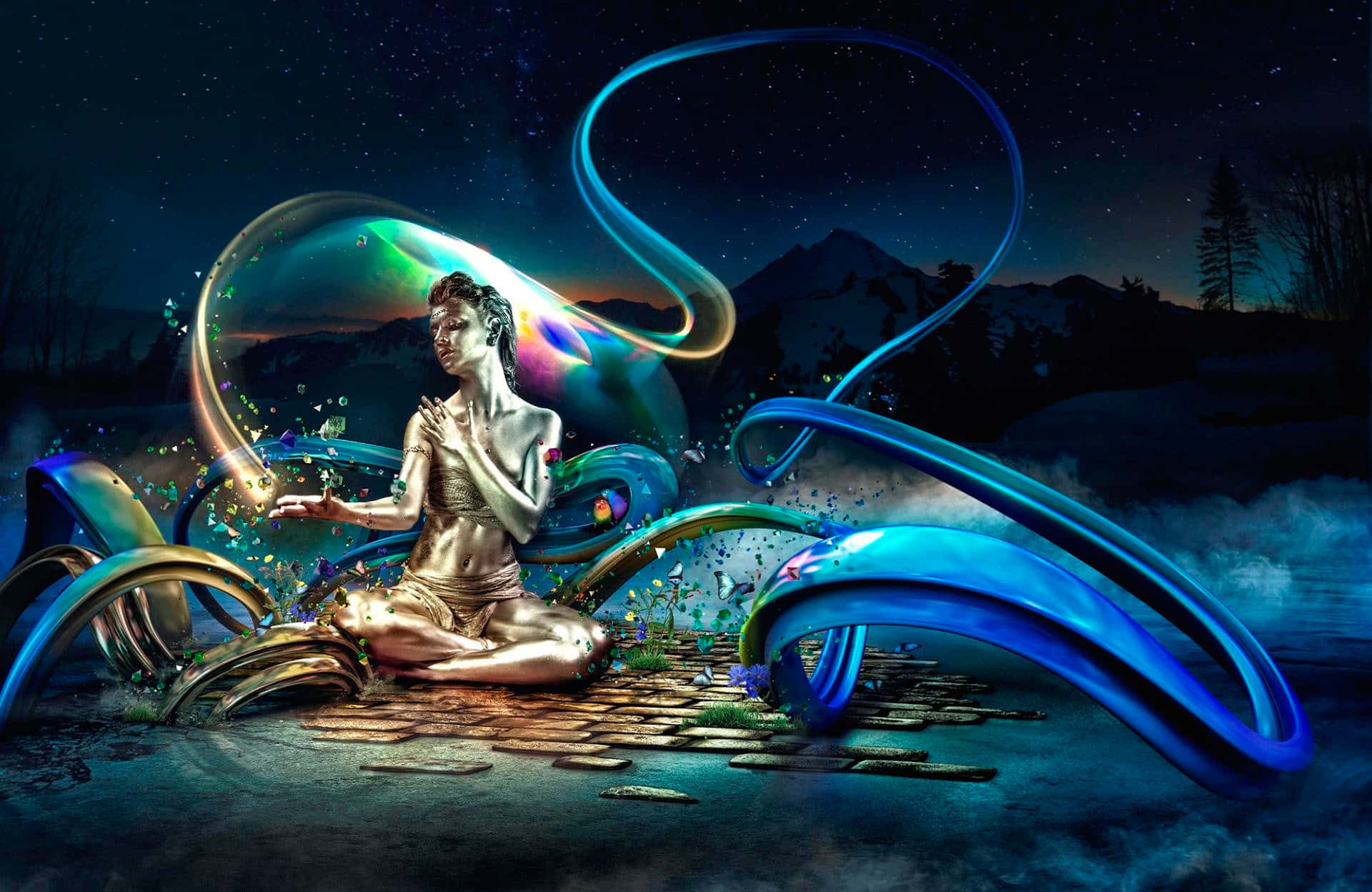 golden-skinned woman, stone path, glowing blue ribbons, Full HD Desktop Wallpaper