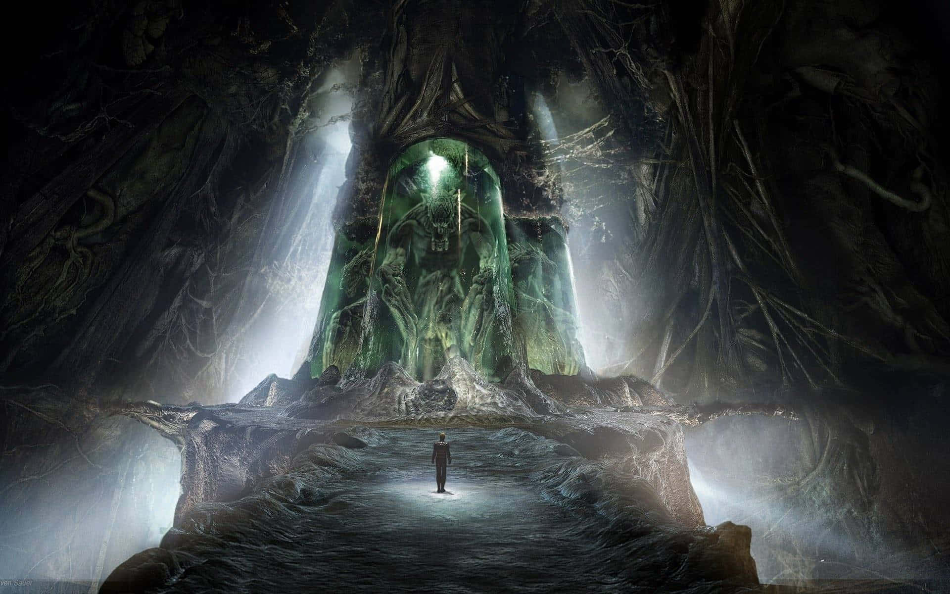 surrealistic dreamscape, glowing green monolith, vast misty cavern, Full HD Desktop Wallpaper