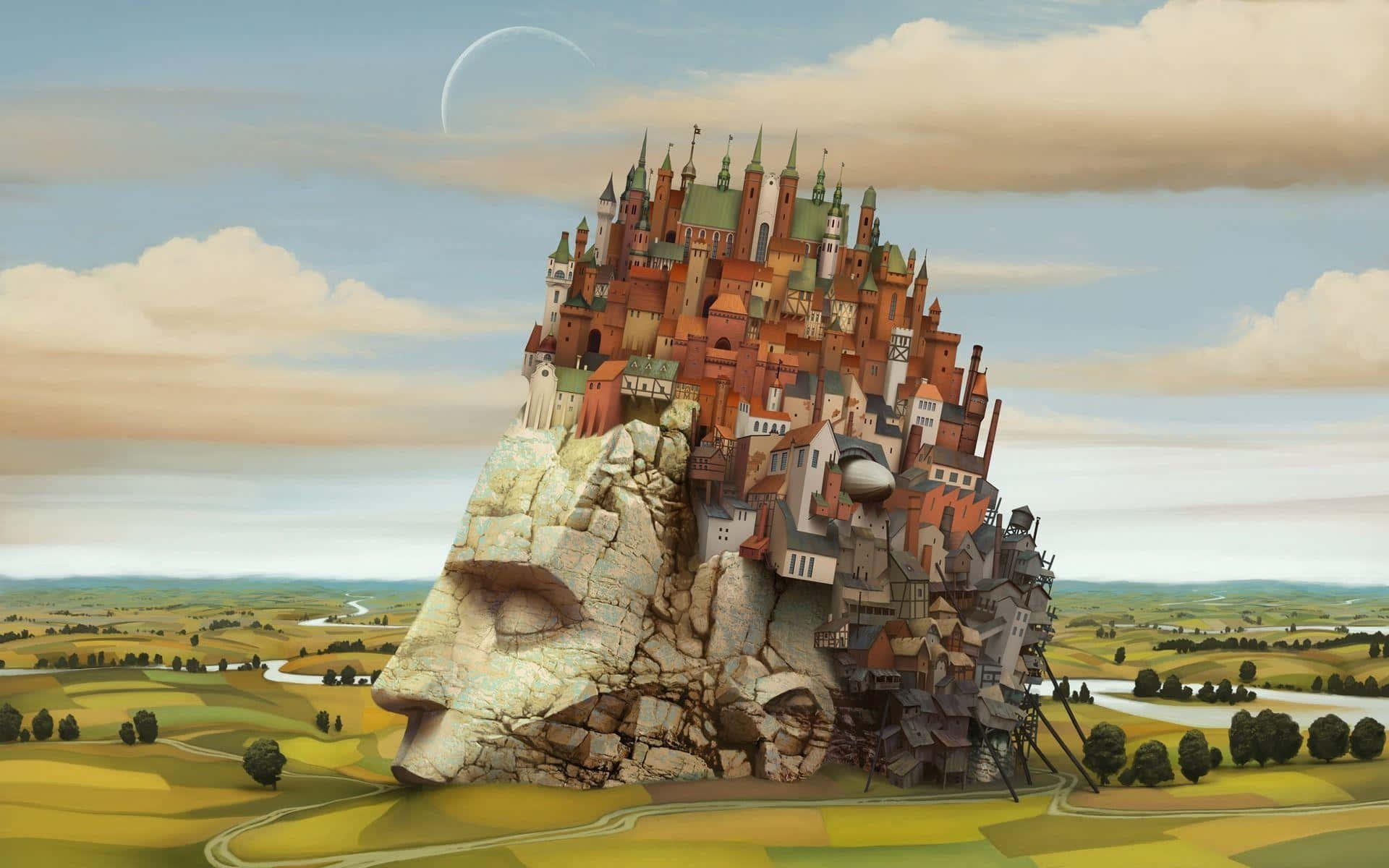 surrealism, colossal stone head, pastoral landscape, Full HD Desktop Wallpaper