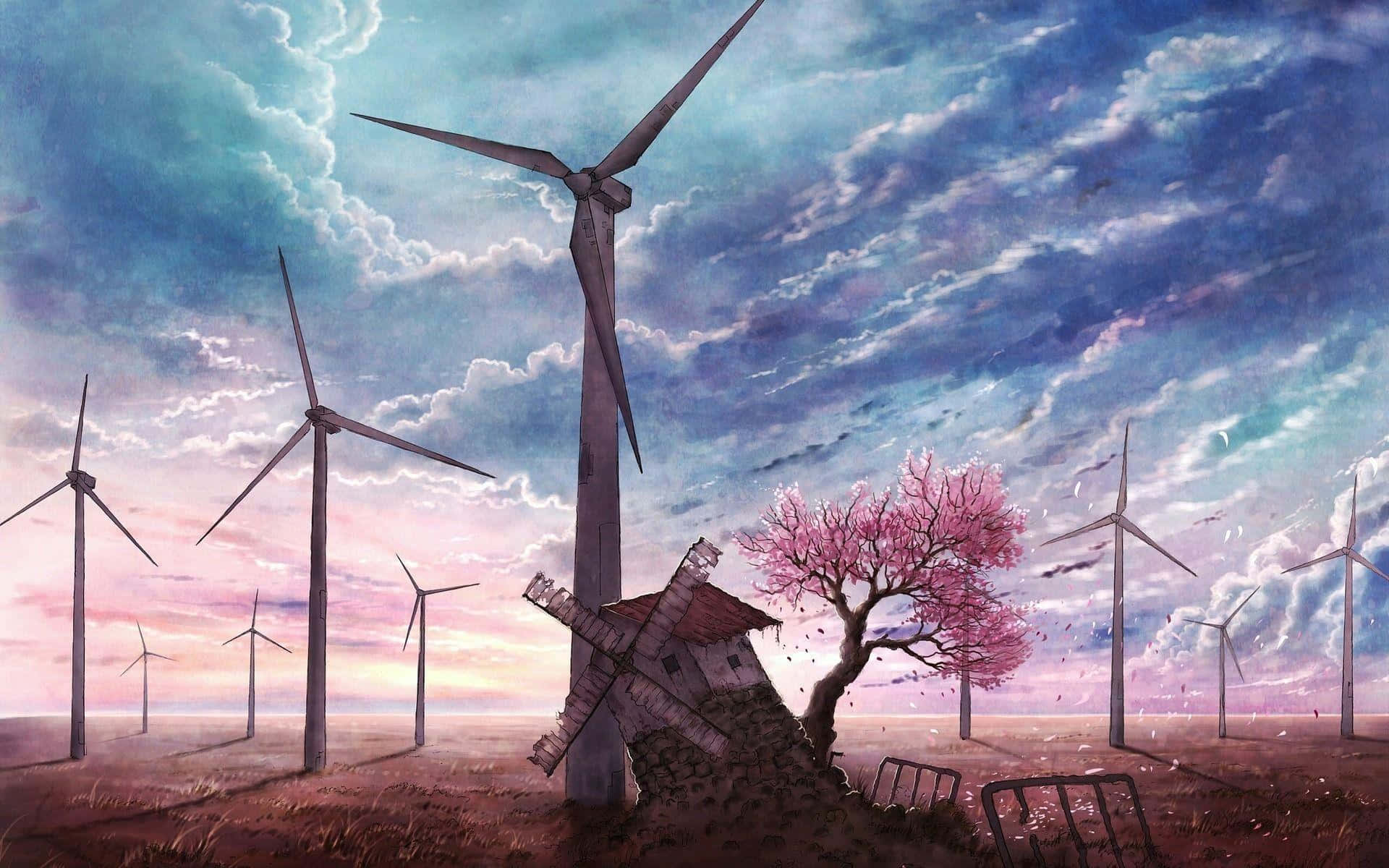 cherry blossom tree, broken windmill, dramatic twilight sky, Full HD Desktop Wallpaper