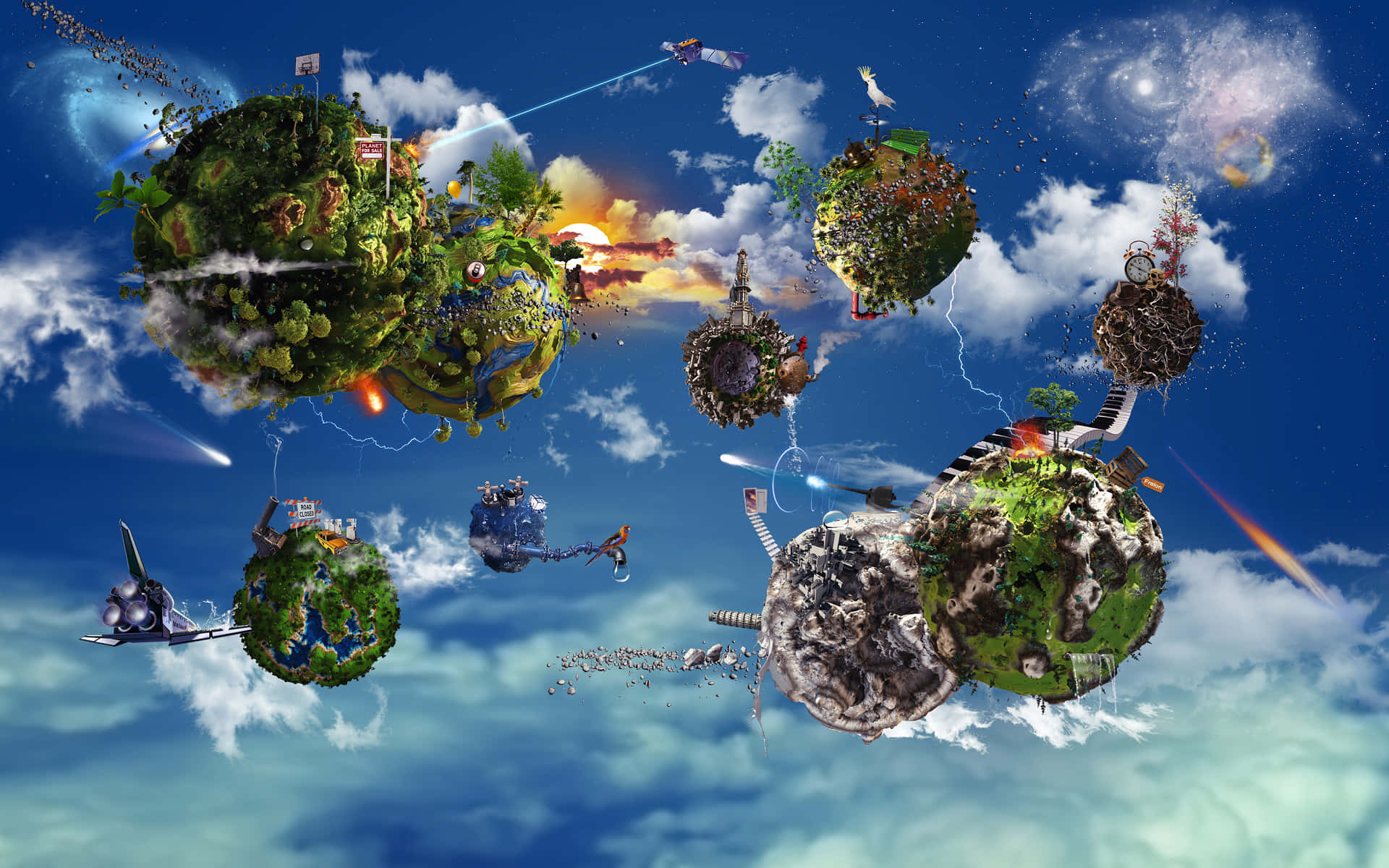 Surrealism, floating islands, lush greenery, Full HD Desktop Wallpaper